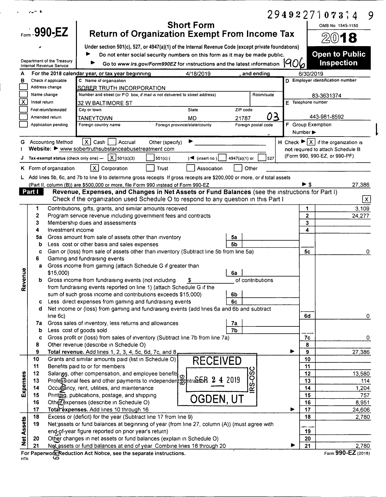 Image of first page of 2018 Form 990EZ for Sober Truth Incorporation