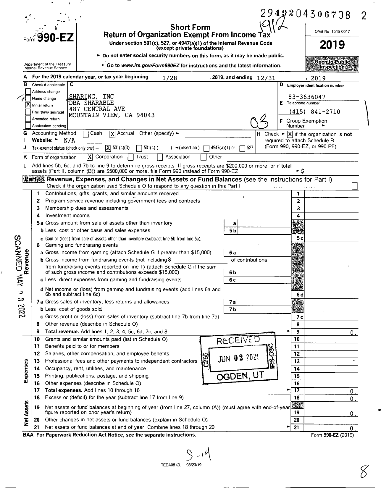 Image of first page of 2019 Form 990EZ for Shareable