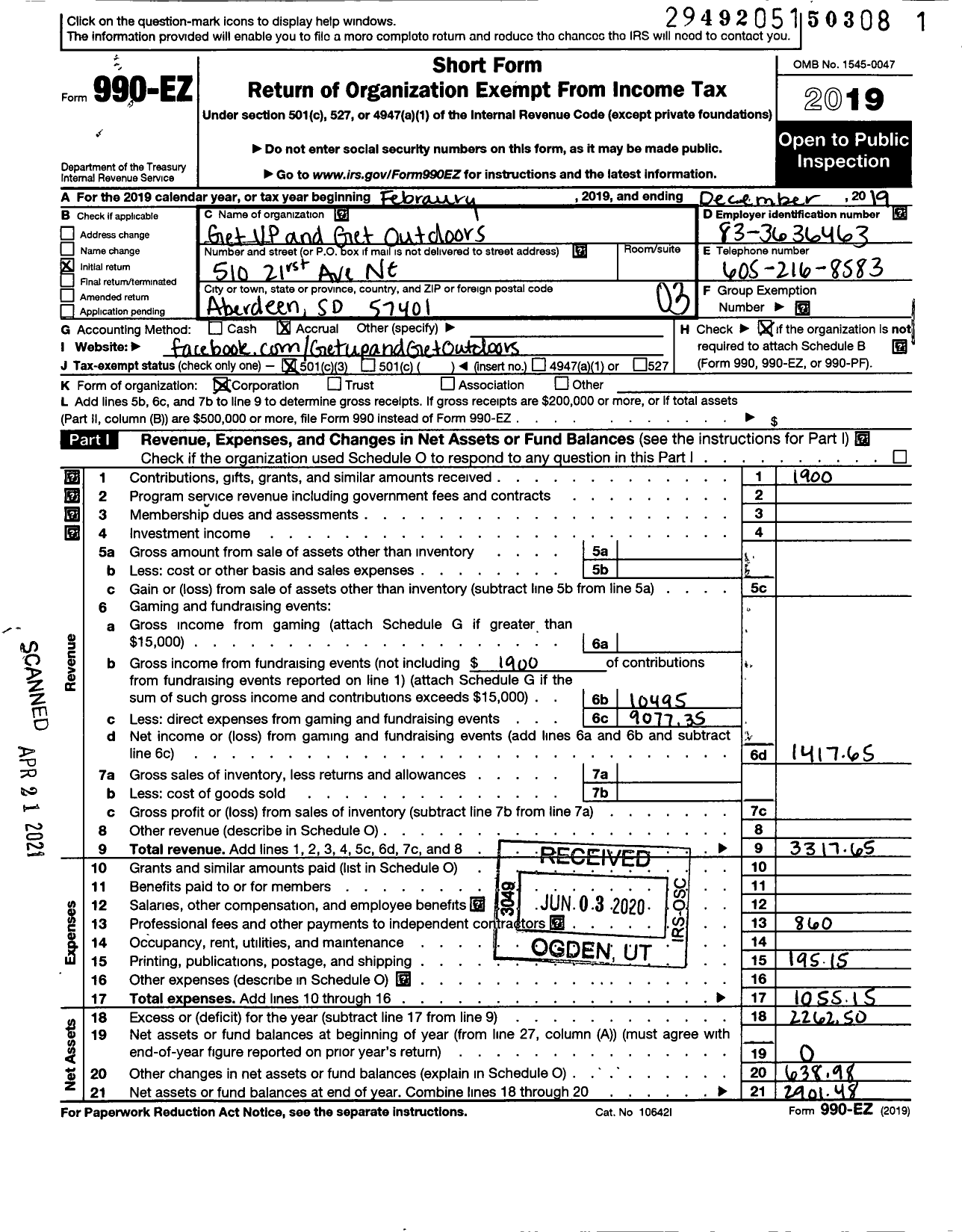 Image of first page of 2019 Form 990EZ for Get Up and Get Outdoors