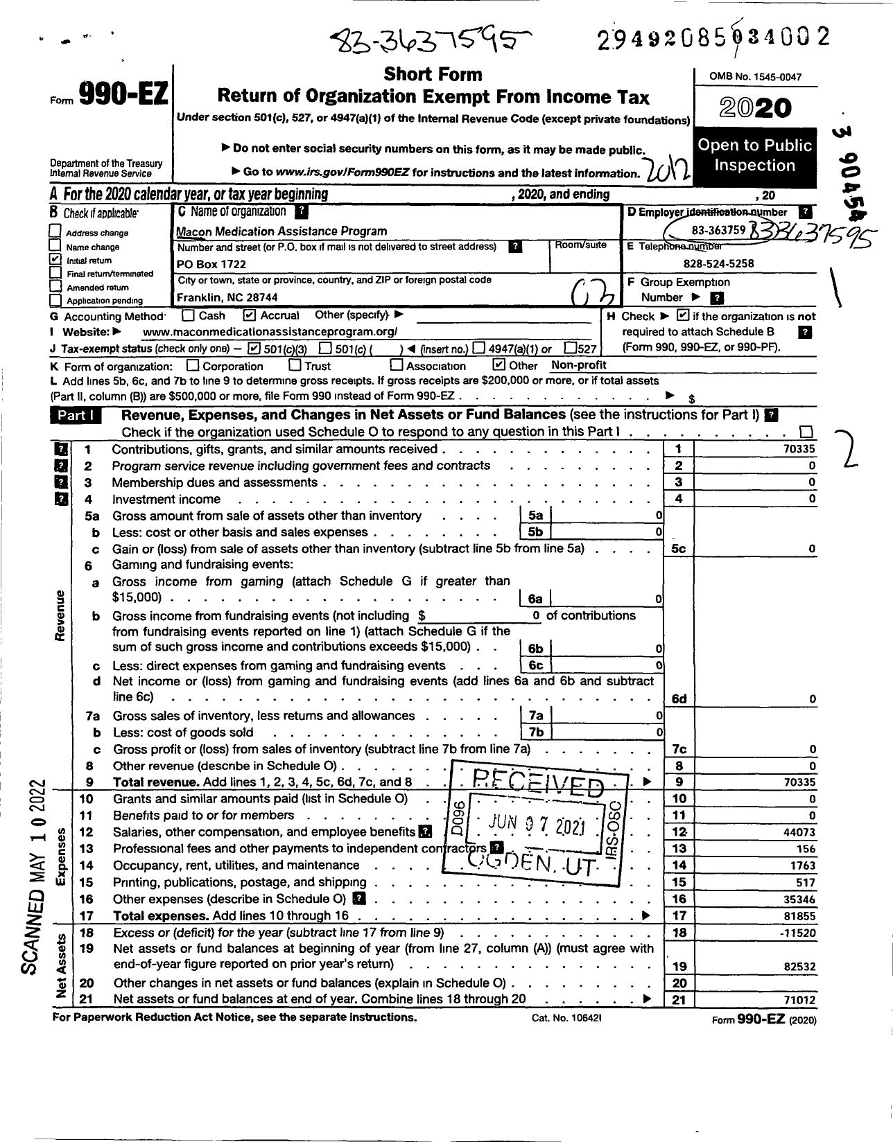 Image of first page of 2020 Form 990EZ for Macon Medication Assistance Program