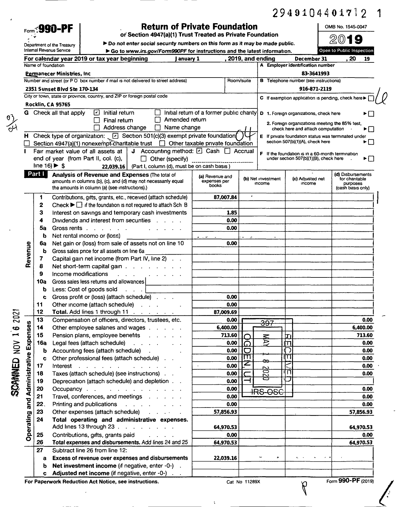 Image of first page of 2019 Form 990PF for Permanecer Ministries