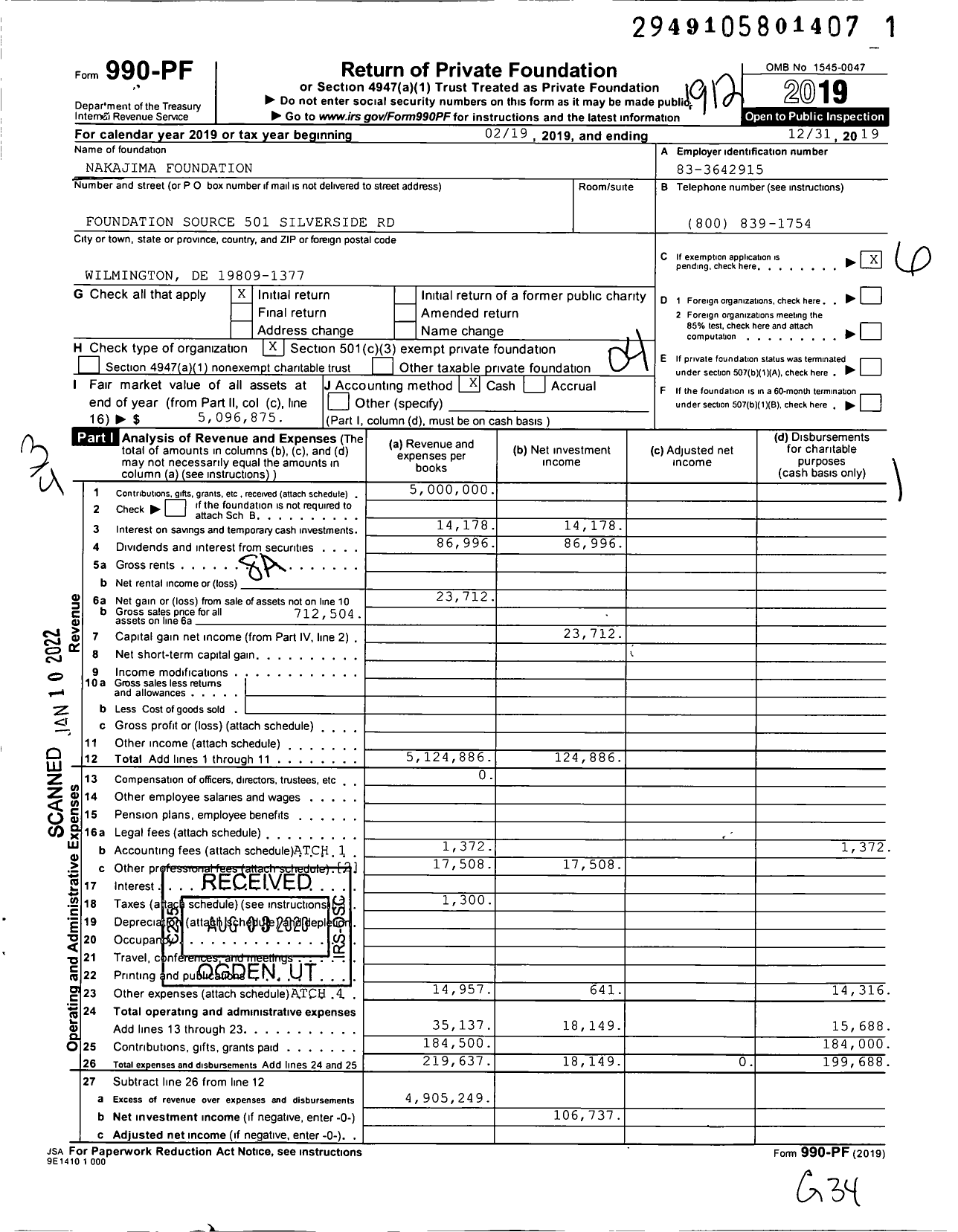 Image of first page of 2019 Form 990PF for Nakajima Foundation