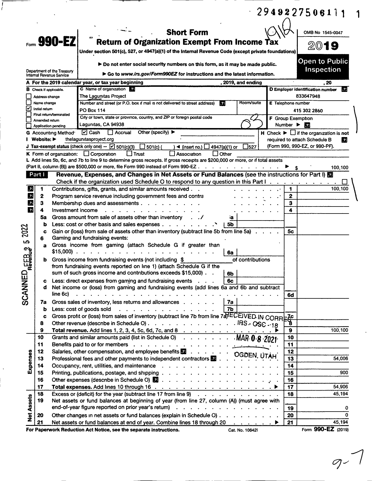 Image of first page of 2019 Form 990EZ for The Lagunitas Project