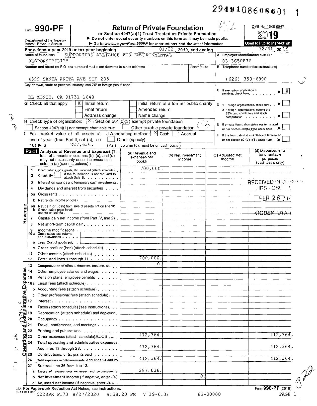 Image of first page of 2019 Form 990PF for Supporters Alliance for Environmental Responsibility