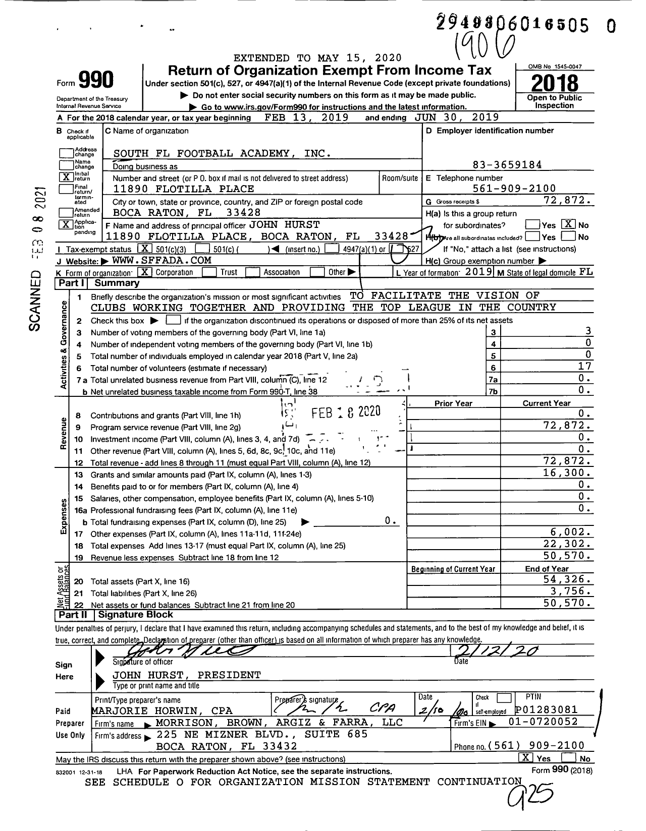 Image of first page of 2018 Form 990 for South FL Football Academy