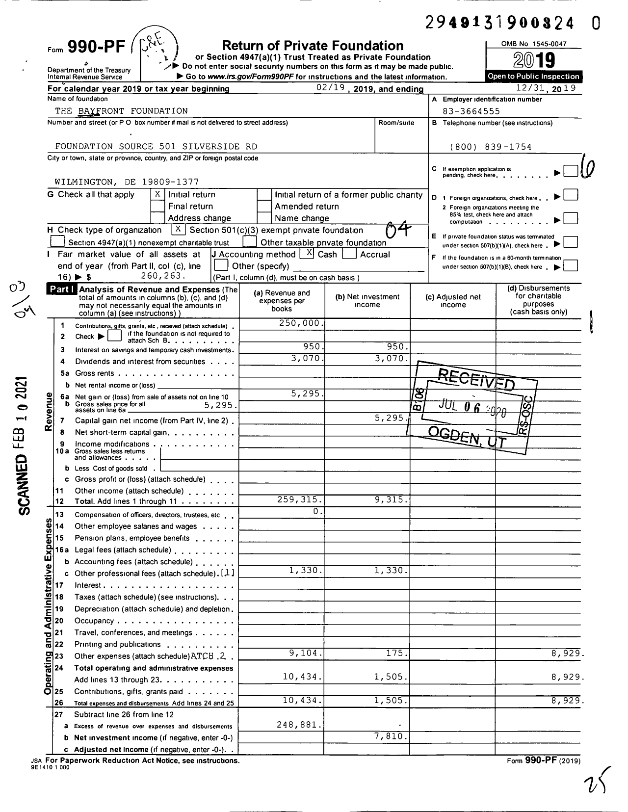 Image of first page of 2019 Form 990PF for The Bayfront Foundation