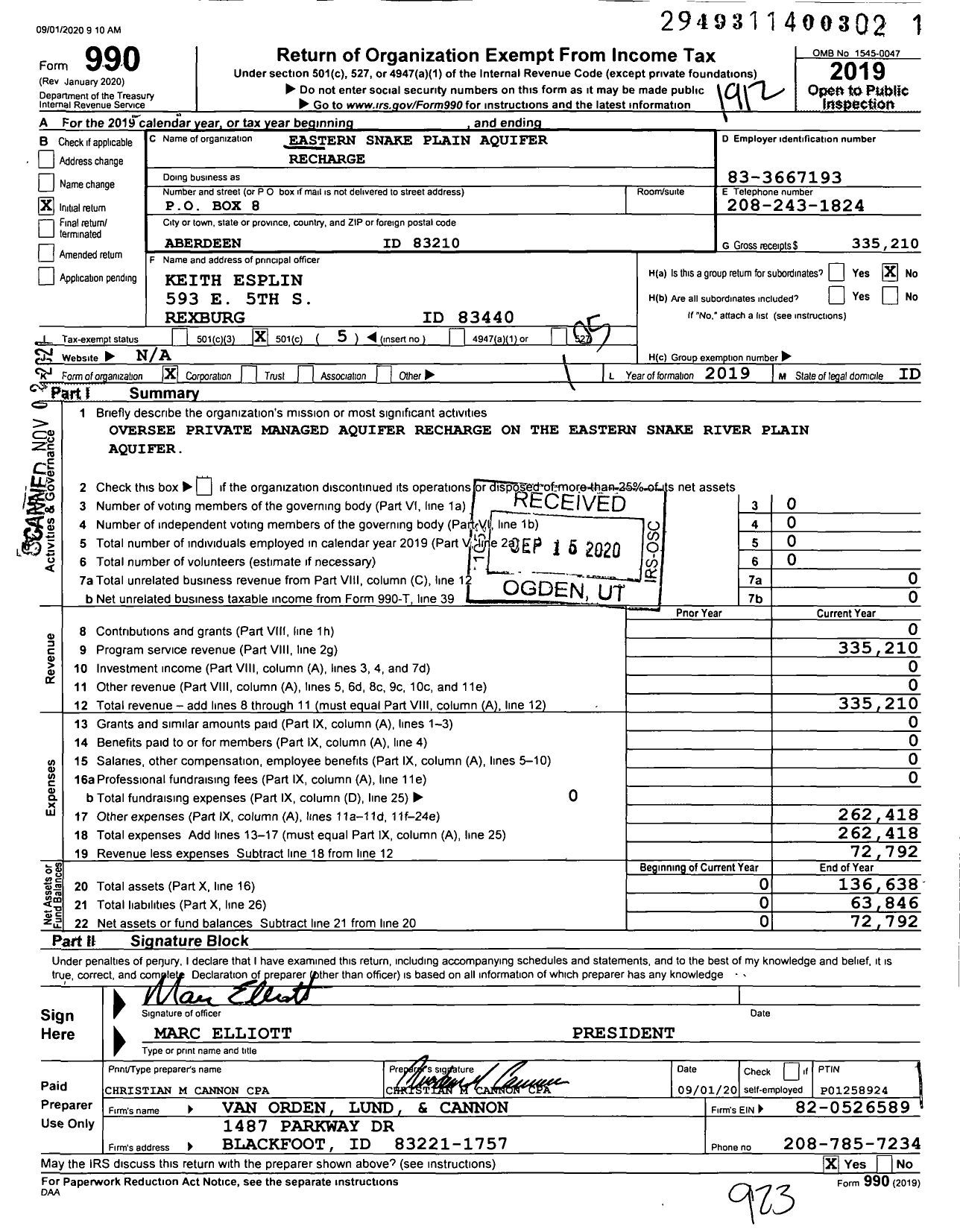 Image of first page of 2019 Form 990O for Eastern Snake Plain Aquifer Recharge