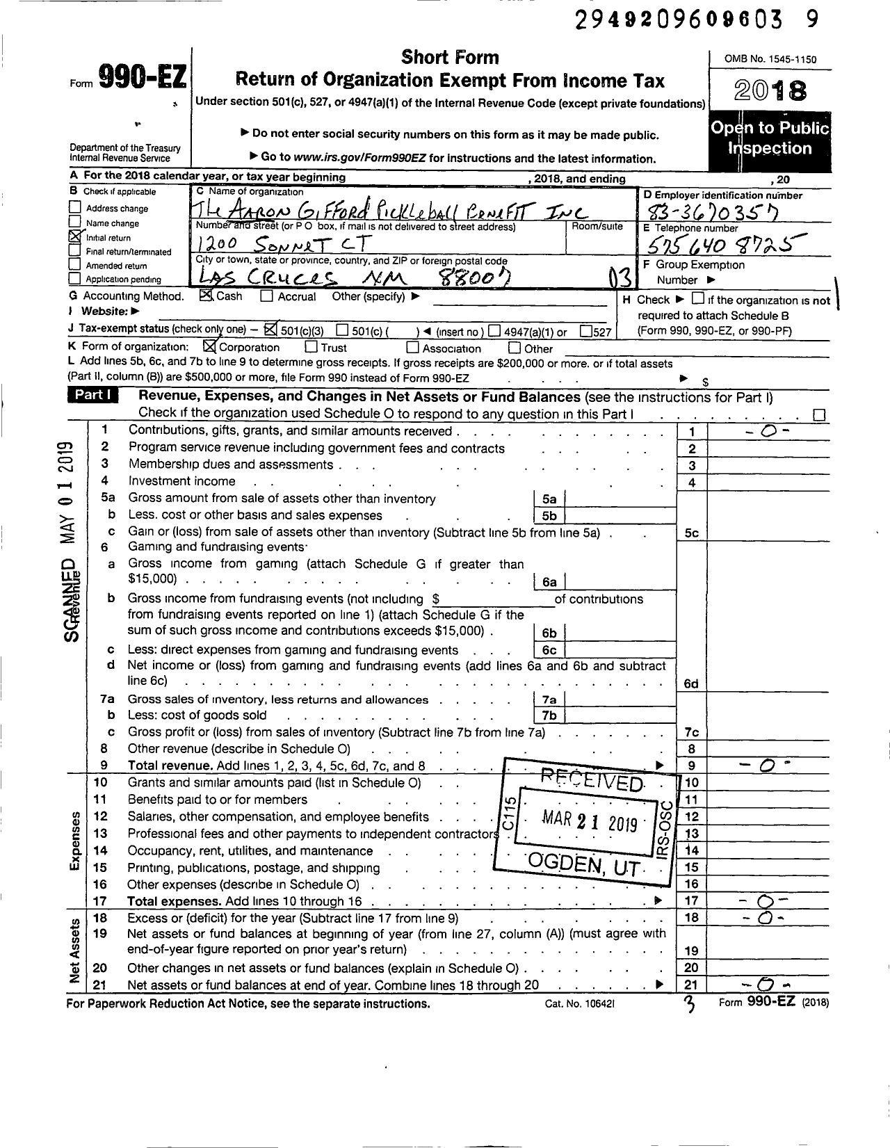 Image of first page of 2018 Form 990EZ for The Aaron Gifford Pickleball Benefit