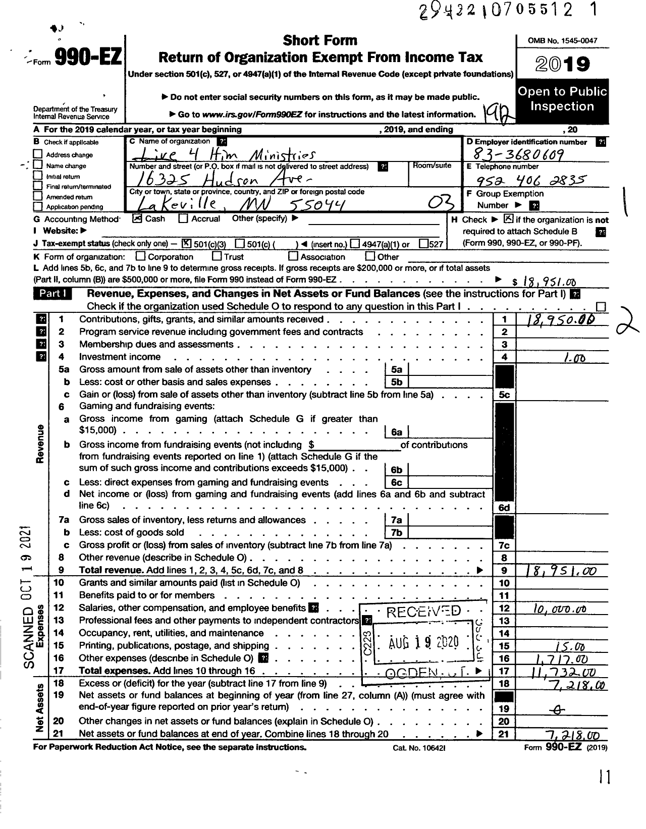 Image of first page of 2019 Form 990EZ for Live 4 Him Ministries