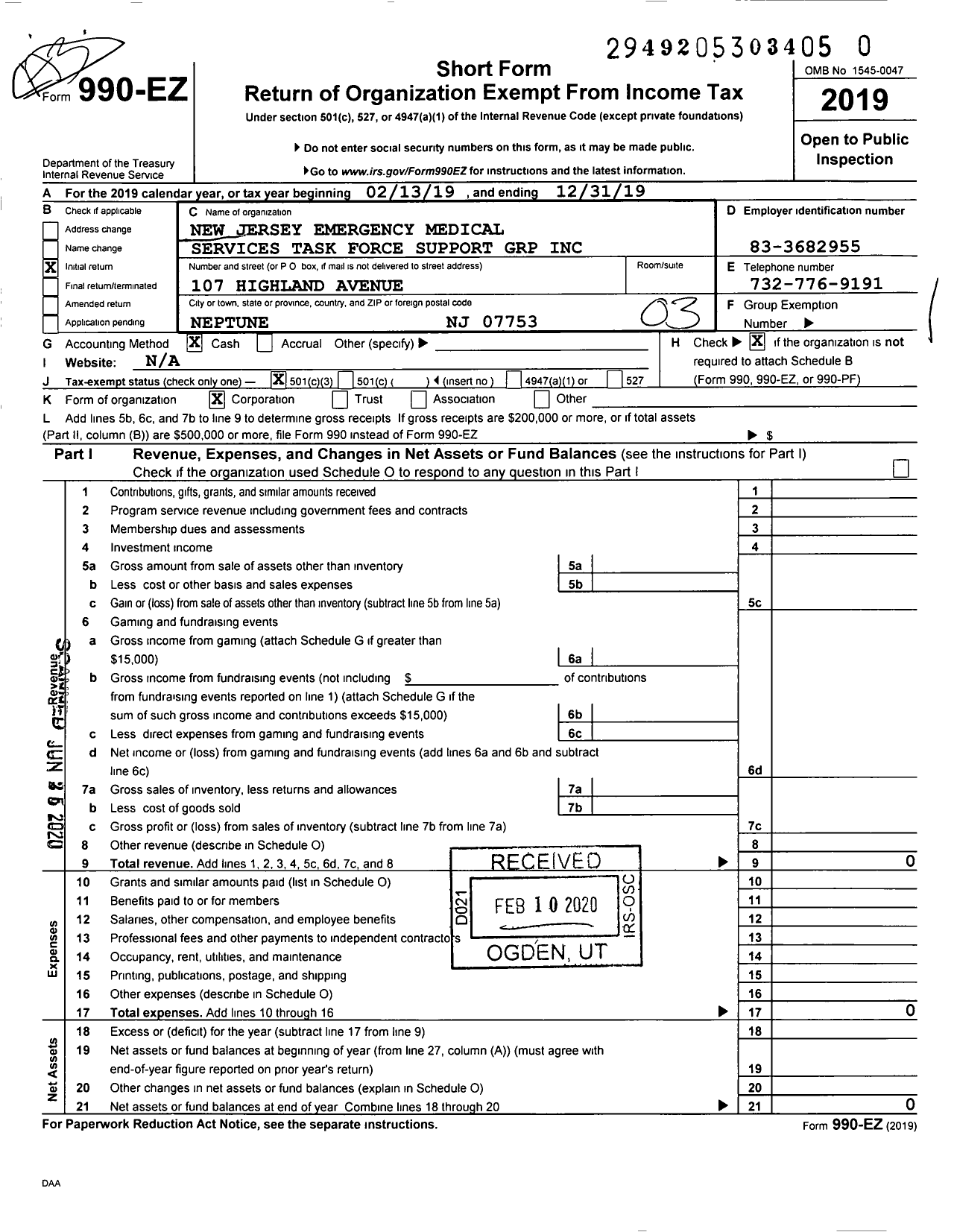 Image of first page of 2019 Form 990EZ for New Jersey Emergency Medical Service Task Force Support Grp