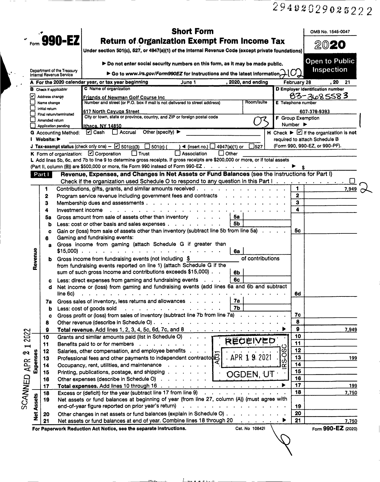 Image of first page of 2020 Form 990EZ for Friends of Newman Golf Course