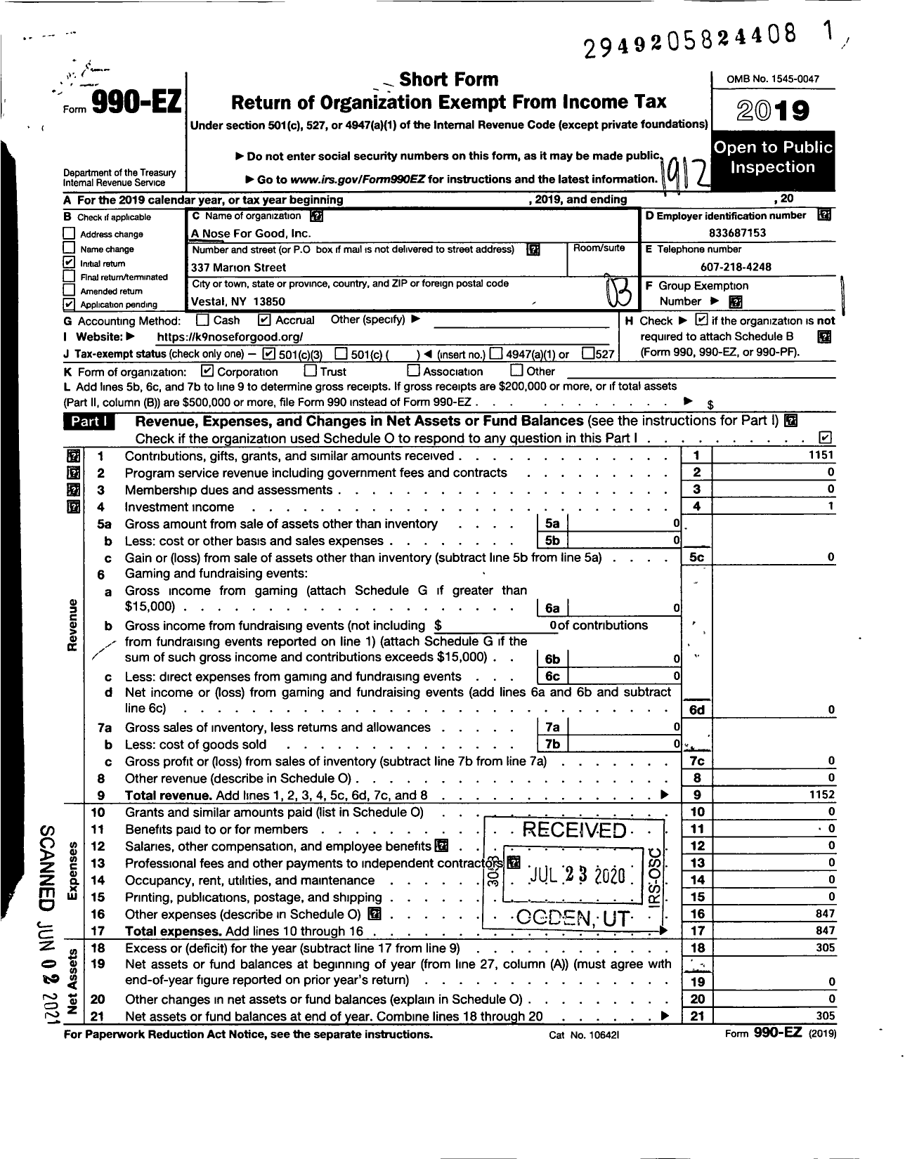 Image of first page of 2019 Form 990EZ for A Nose for Good