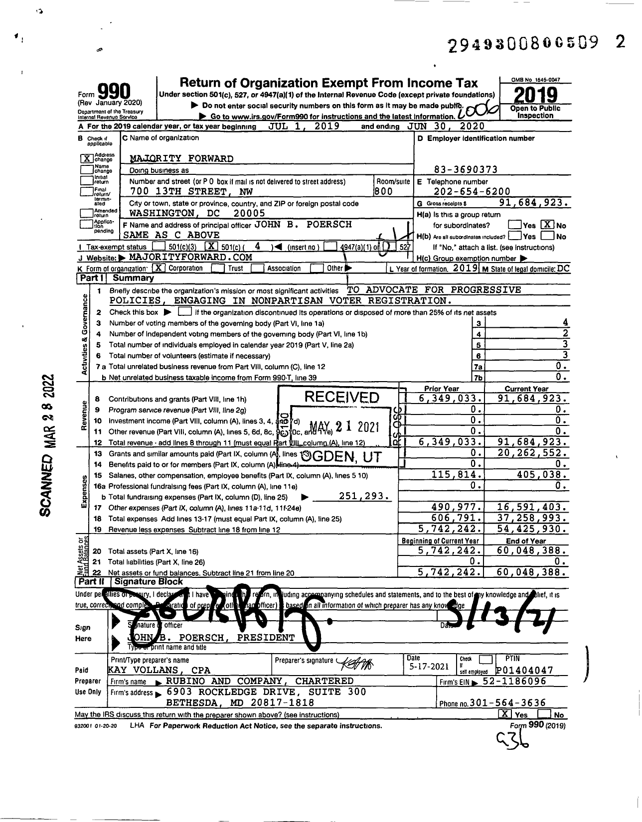 Image of first page of 2019 Form 990O for Majority Forward