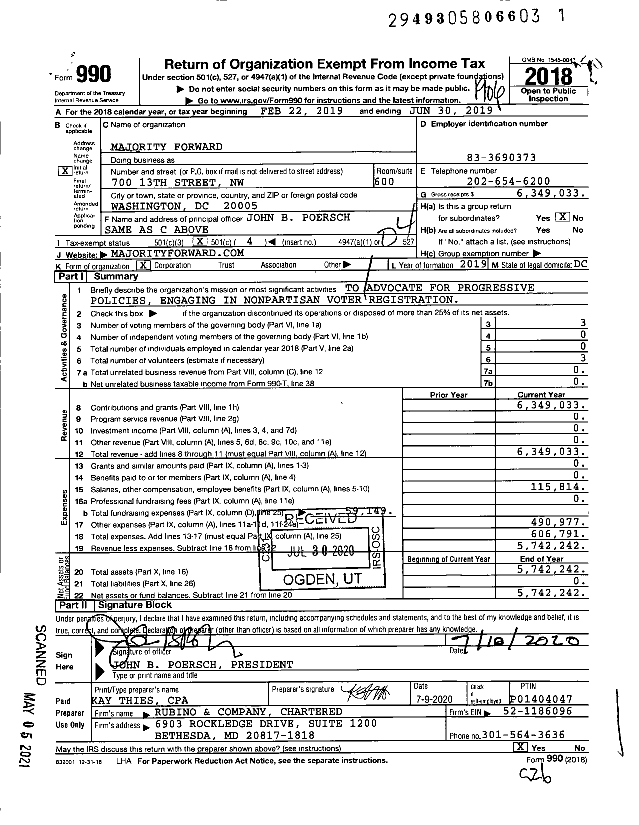 Image of first page of 2018 Form 990O for Majority Forward