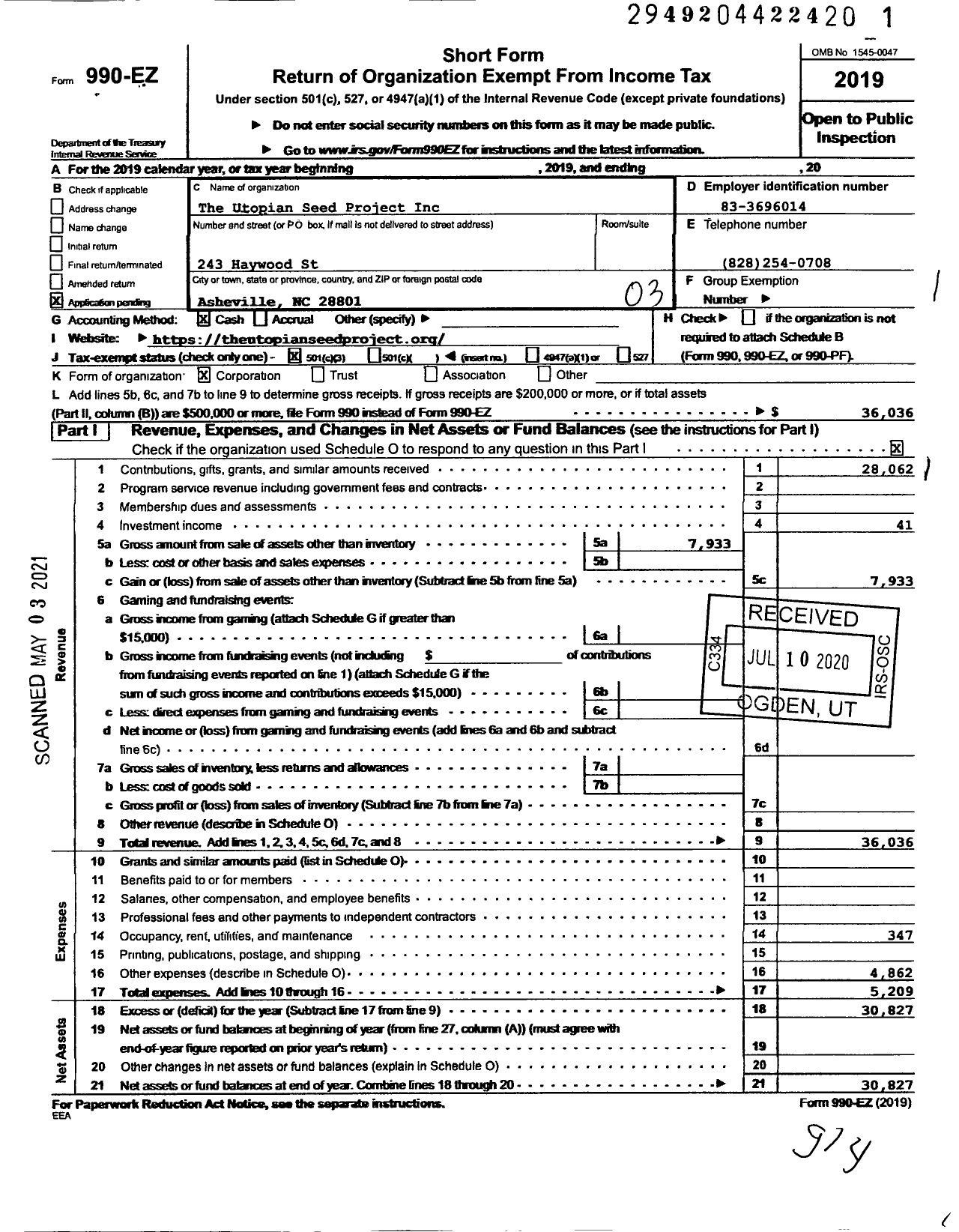 Image of first page of 2019 Form 990EZ for Utopian Seed Project