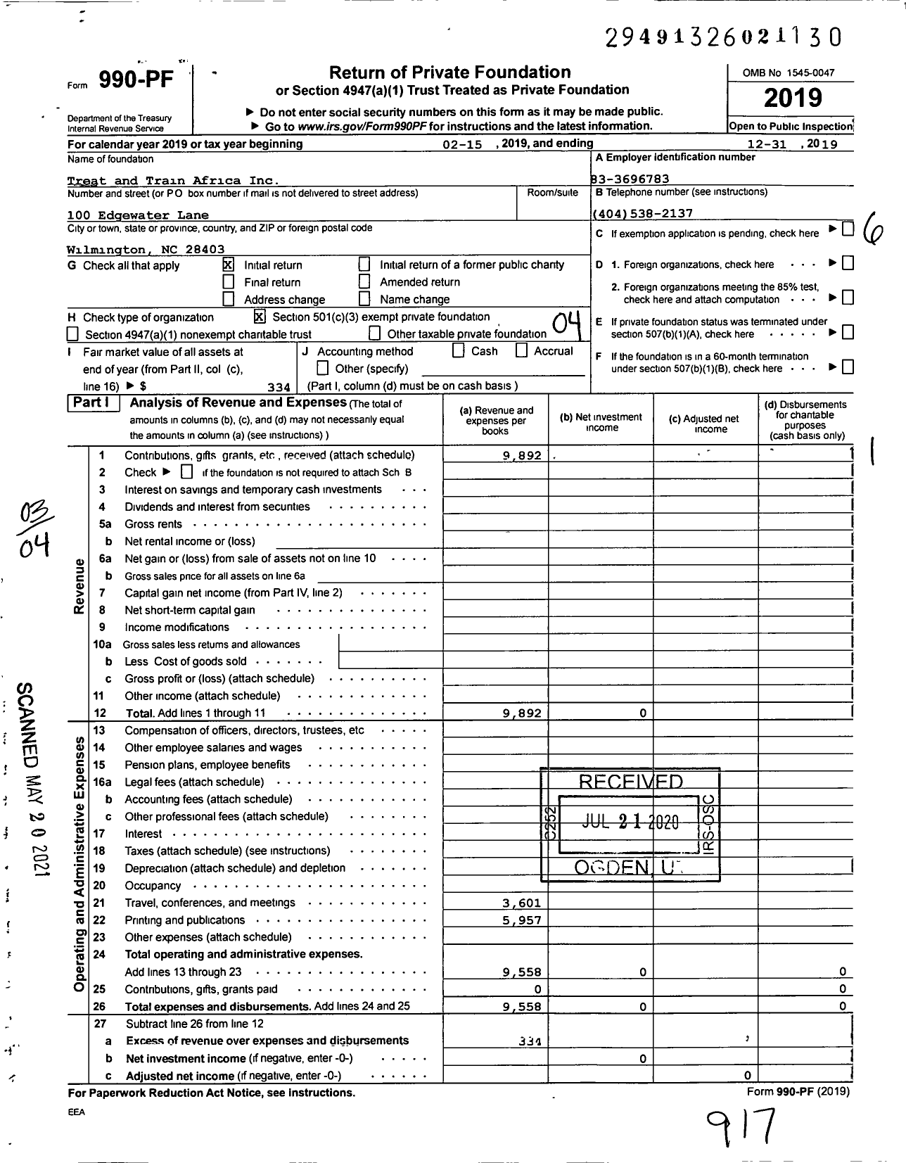 Image of first page of 2019 Form 990PF for Treat and Train Africa