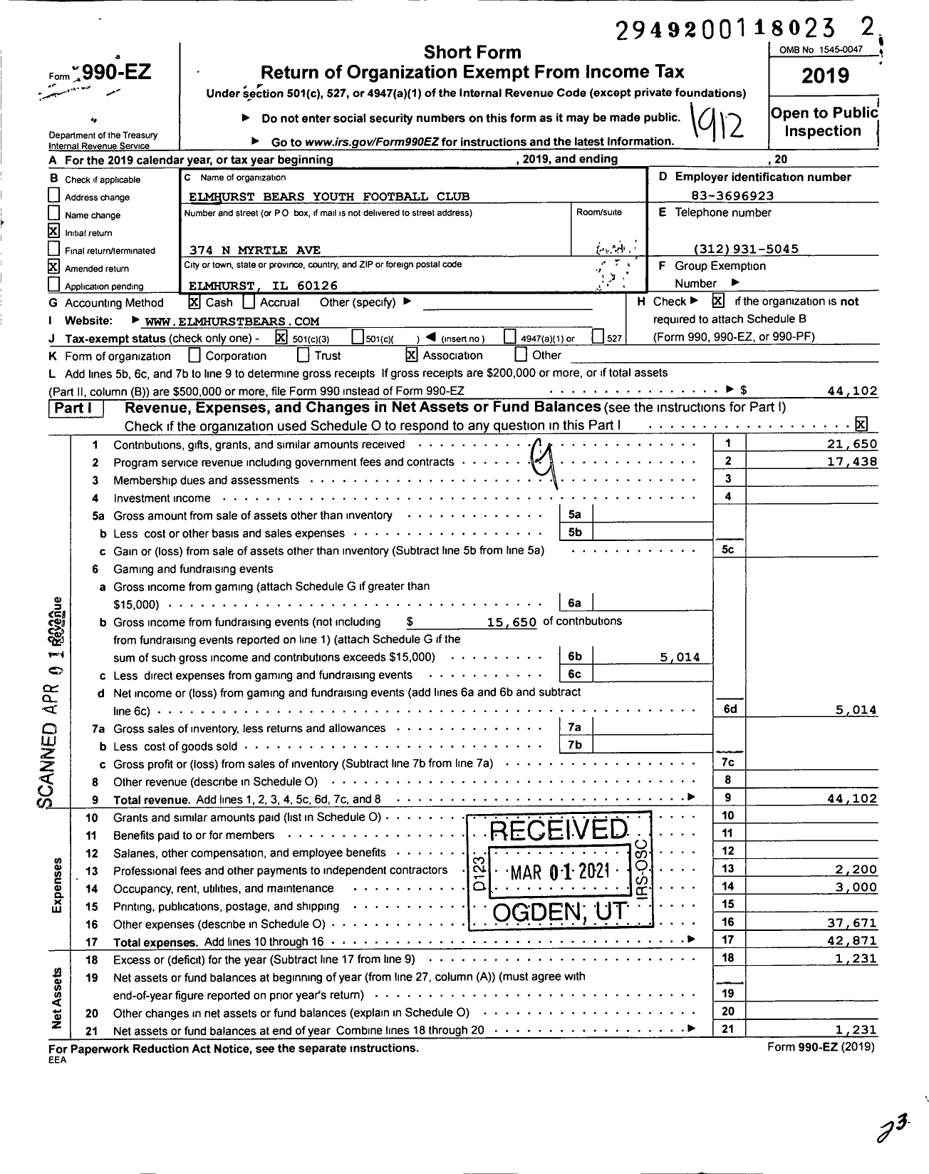 Image of first page of 2019 Form 990EZ for Elmhurst Bears Youth Football Club