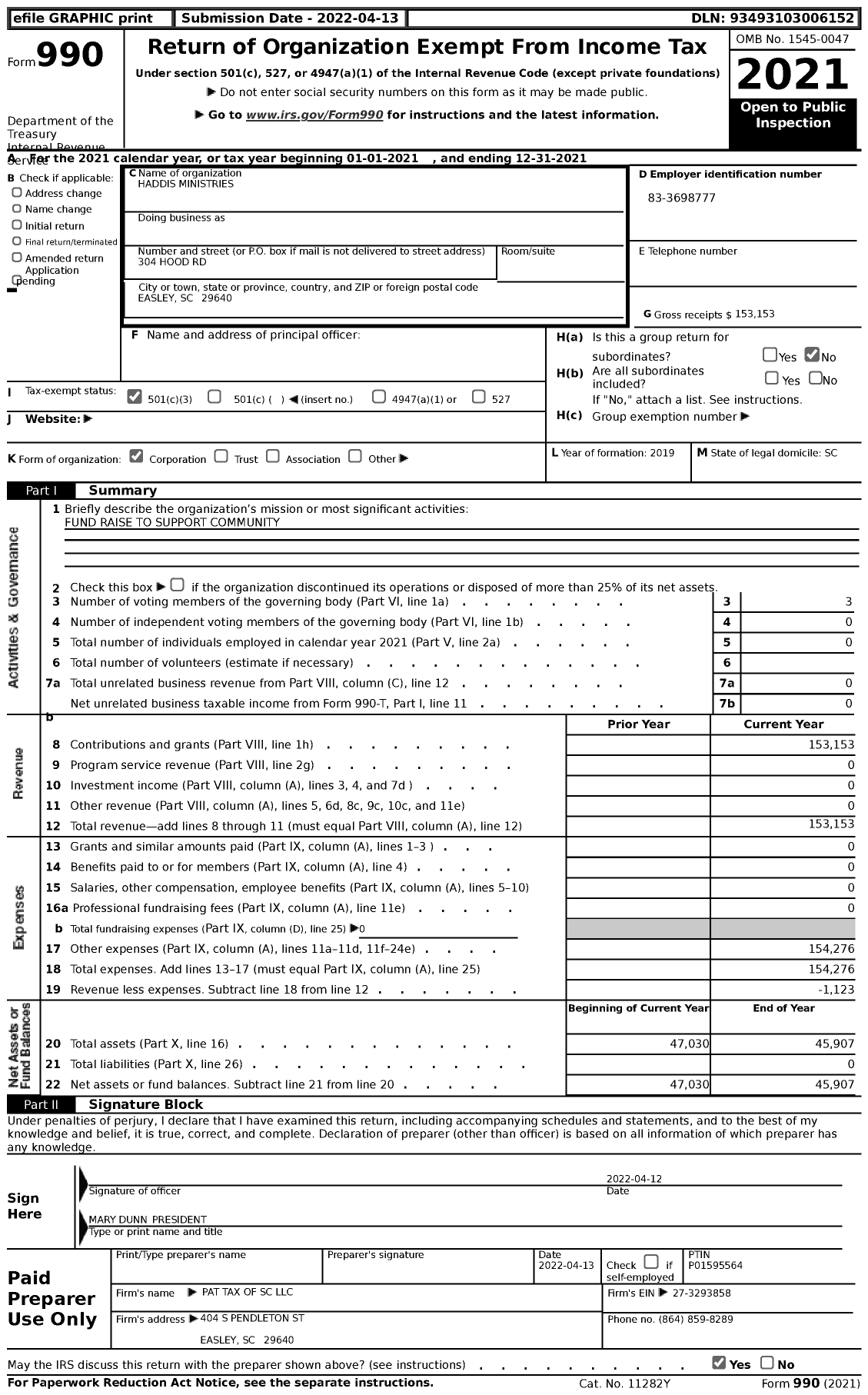 Image of first page of 2021 Form 990 for Haddis Ministries