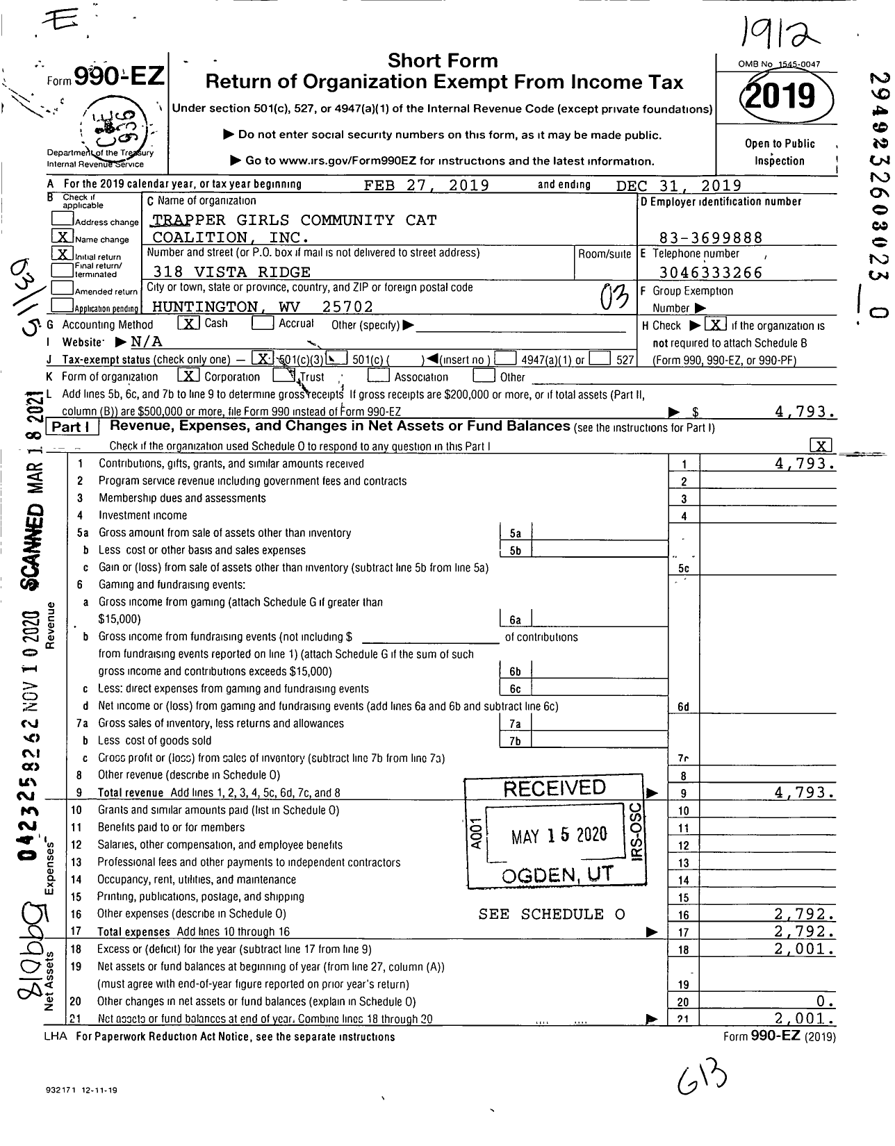 Image of first page of 2019 Form 990EZ for Trapper Girls Community Cat Coalition