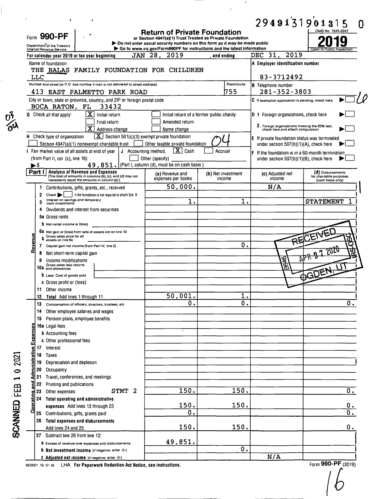 Image of first page of 2019 Form 990PF for The Balas Family Foundation for Children LLC