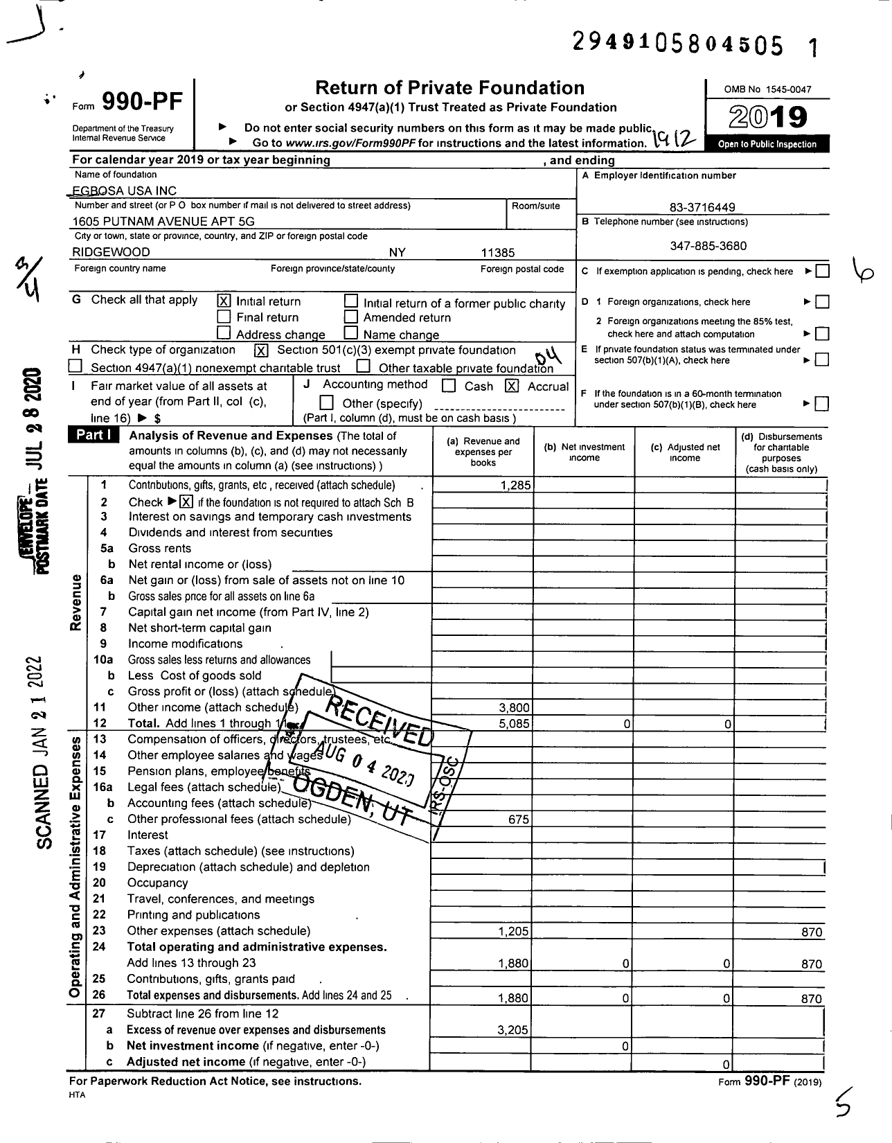 Image of first page of 2019 Form 990PF for Egbosa-Usa