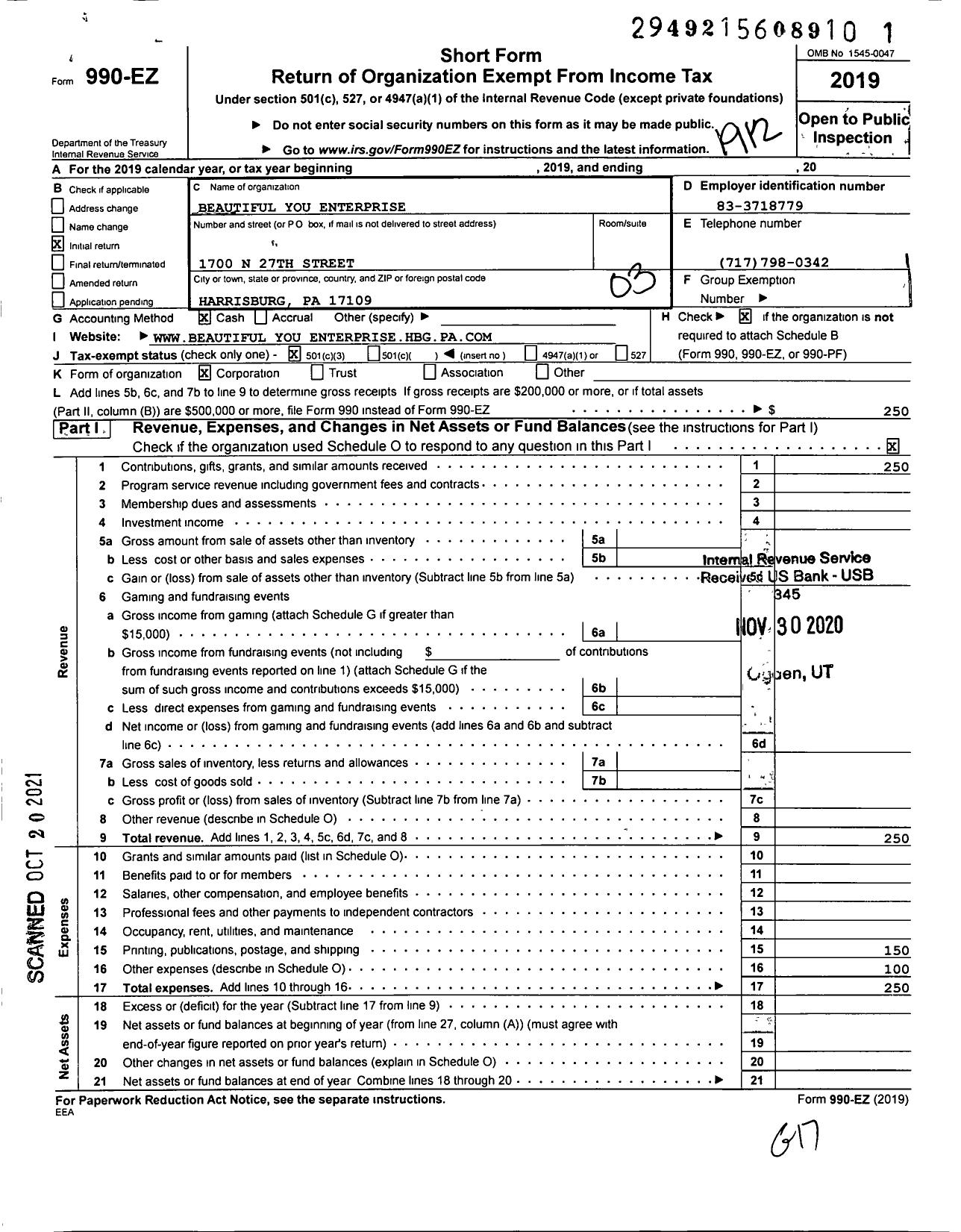 Image of first page of 2019 Form 990EZ for Beautiful You Enterprise