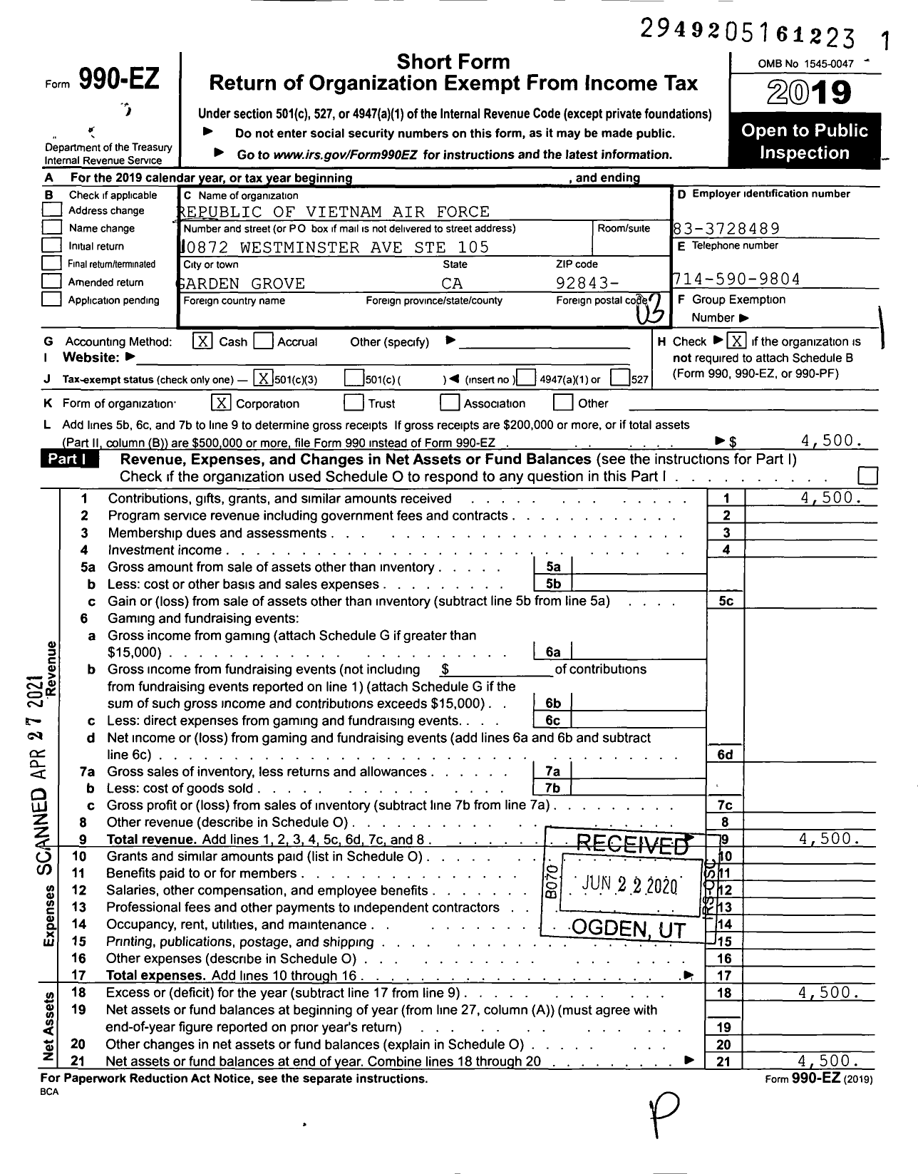 Image of first page of 2019 Form 990EZ for Republic of Vietnam Air Force