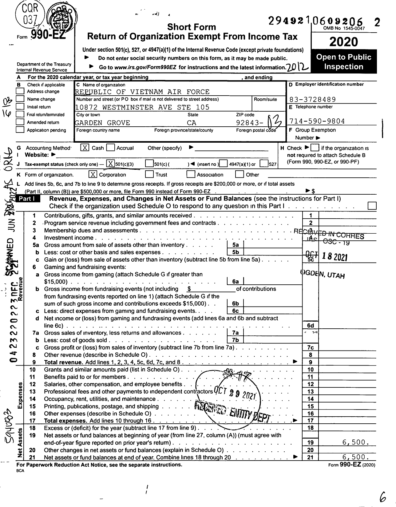 Image of first page of 2020 Form 990EZ for Republic of Vietnam Air Force