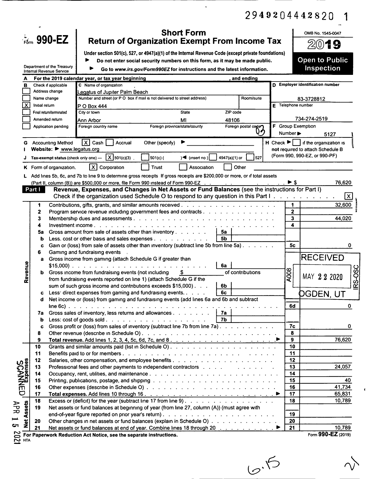 Image of first page of 2019 Form 990EZ for Legatus of Jupiter Palm Beach