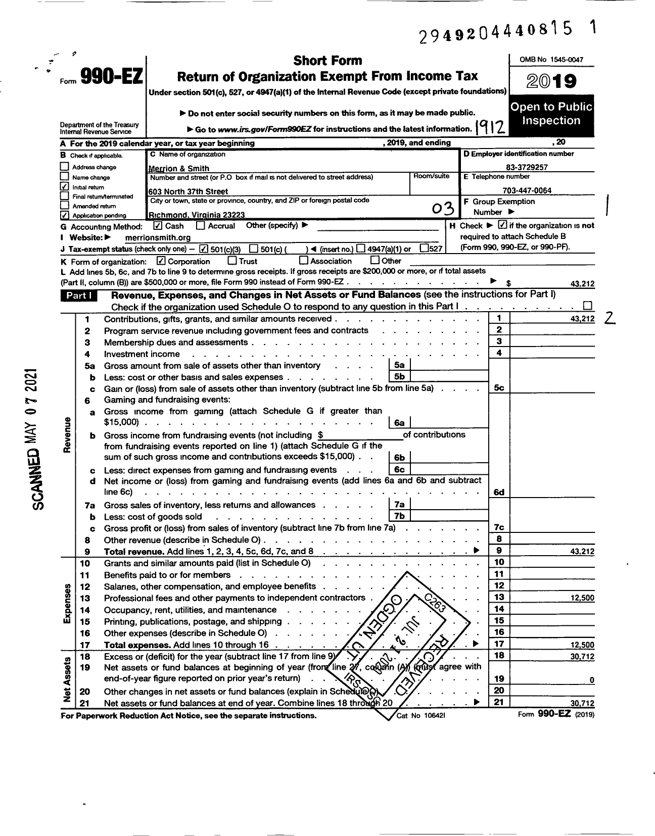 Image of first page of 2019 Form 990EZ for Merrion and Smith