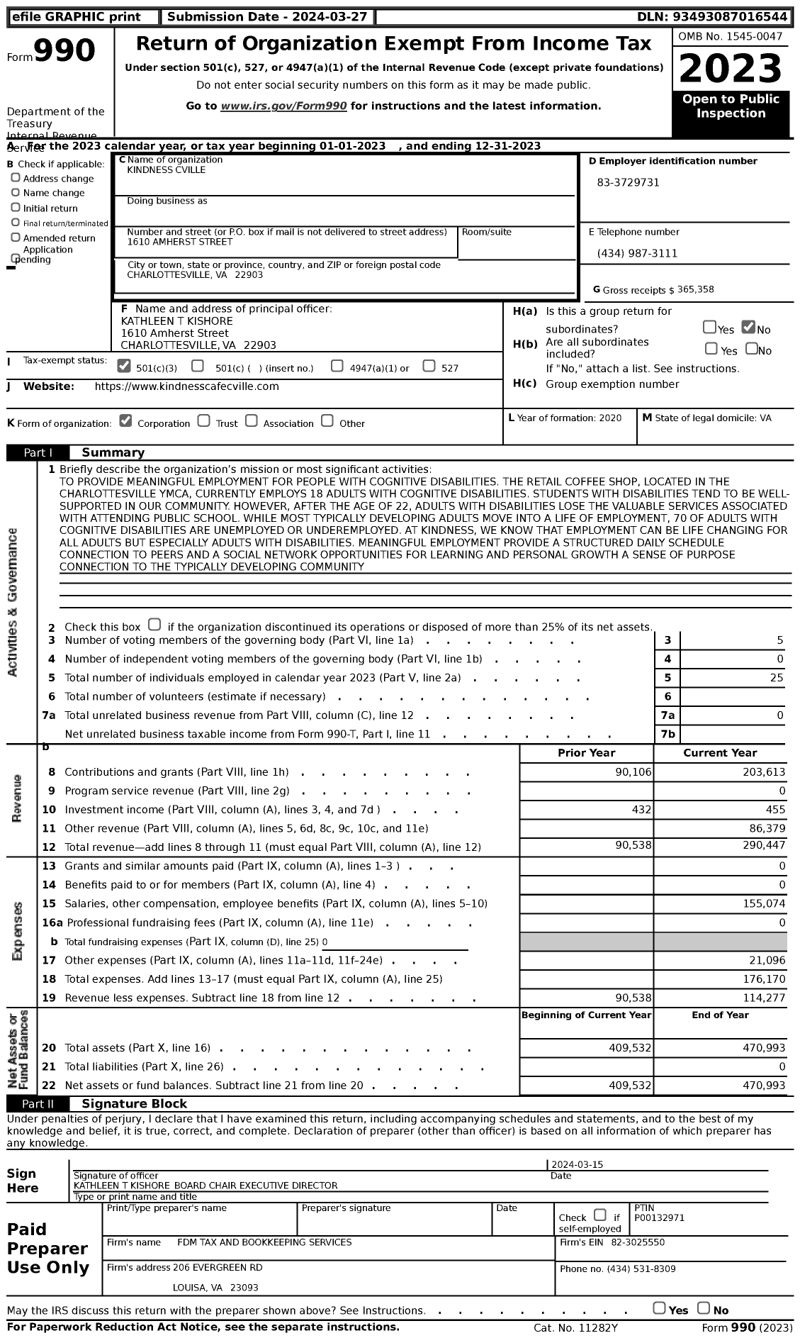 Image of first page of 2023 Form 990 for Kindness Cville