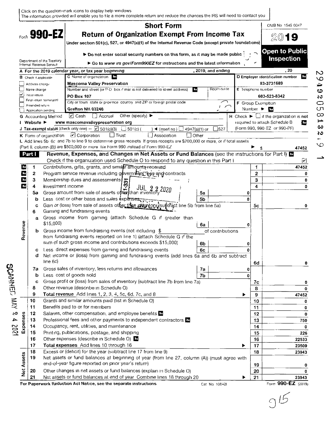 Image of first page of 2019 Form 990EZ for Mascoma Valley Preservation