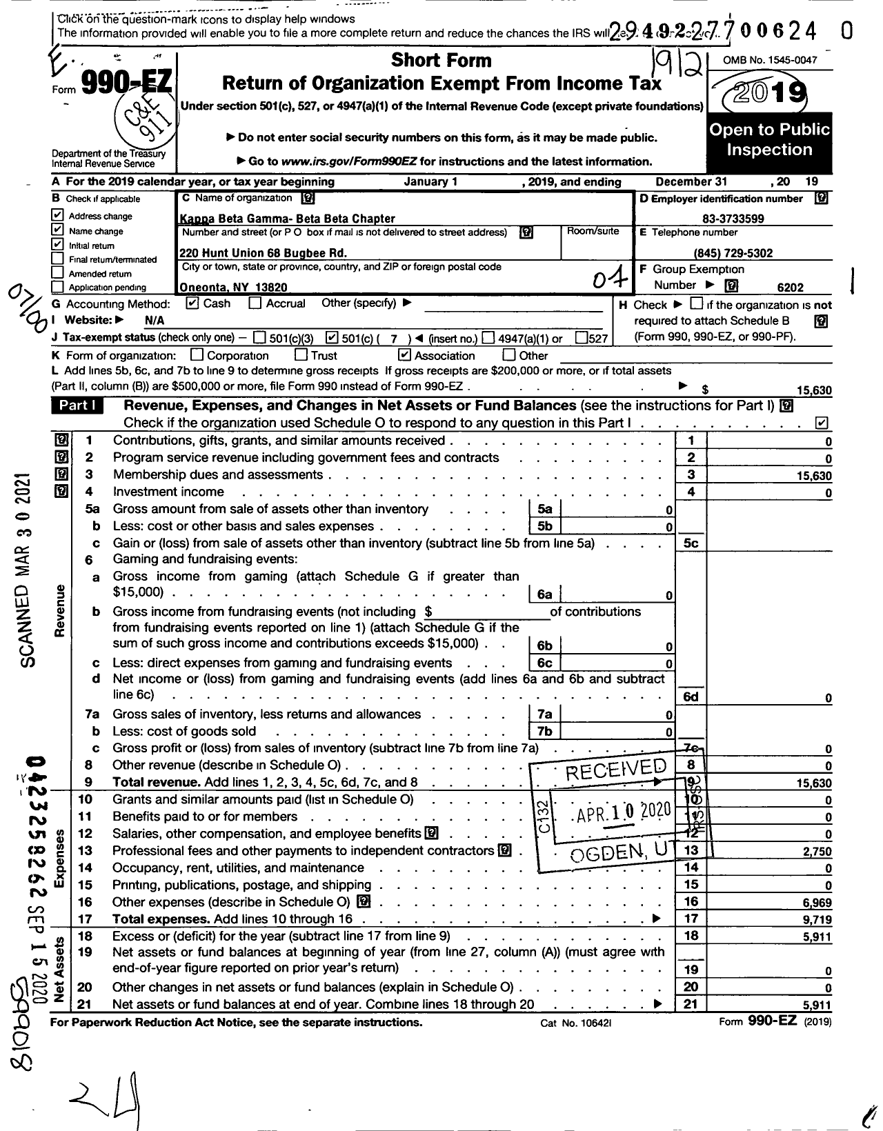 Image of first page of 2019 Form 990EO for Kappa Beta Gamma International / Beta Beta Chapter