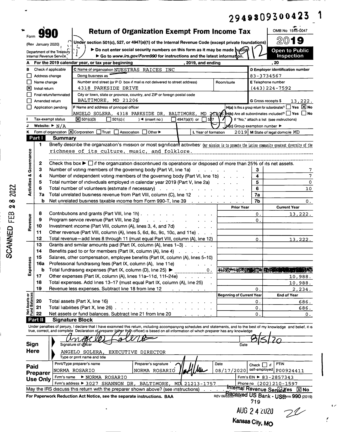 Image of first page of 2019 Form 990 for Nuestras Raices