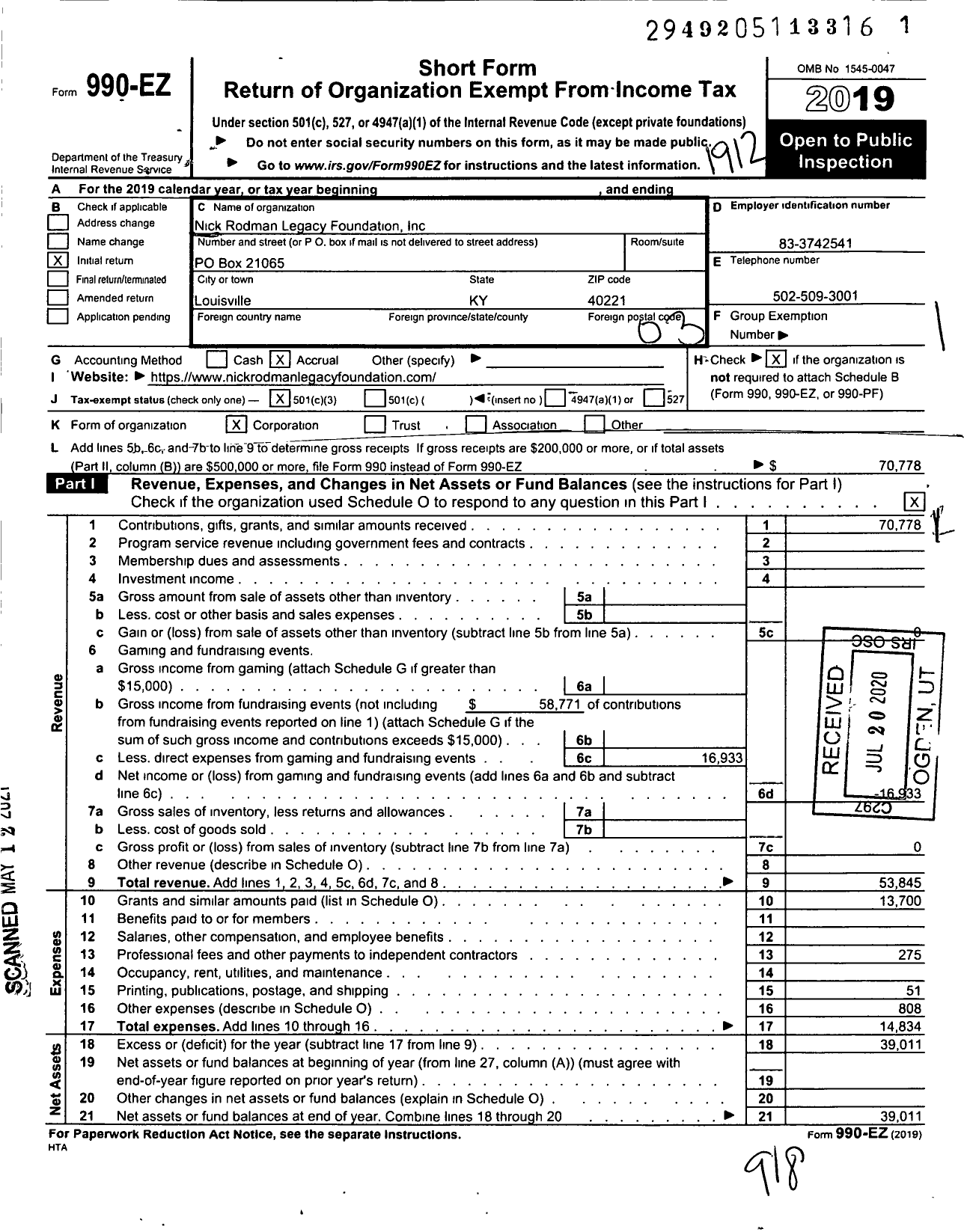 Image of first page of 2019 Form 990EZ for Nick Rodman Legacy Foundation