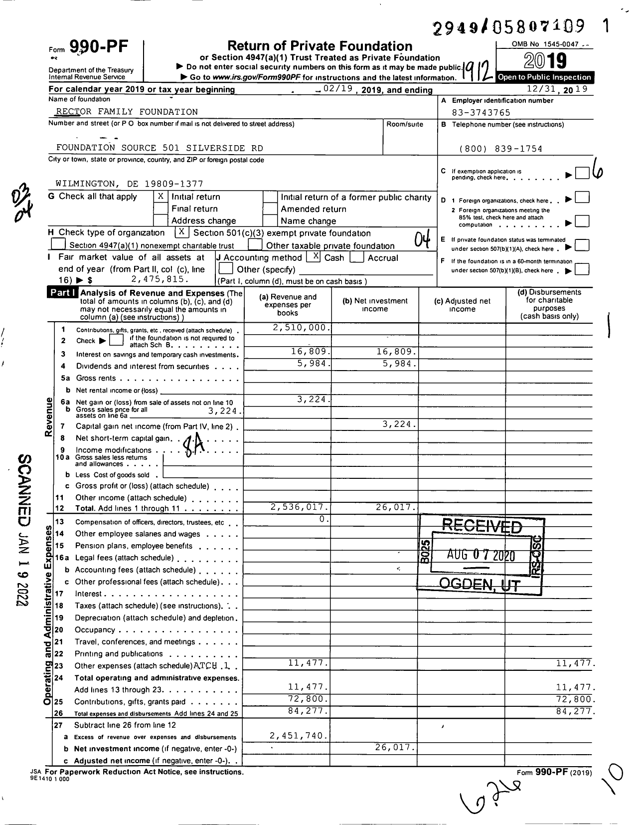 Image of first page of 2019 Form 990PF for Rector Family Foundation