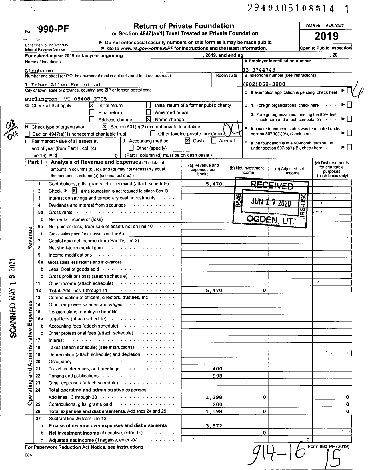 Image of first page of 2019 Form 990PF for Alnobaiwi