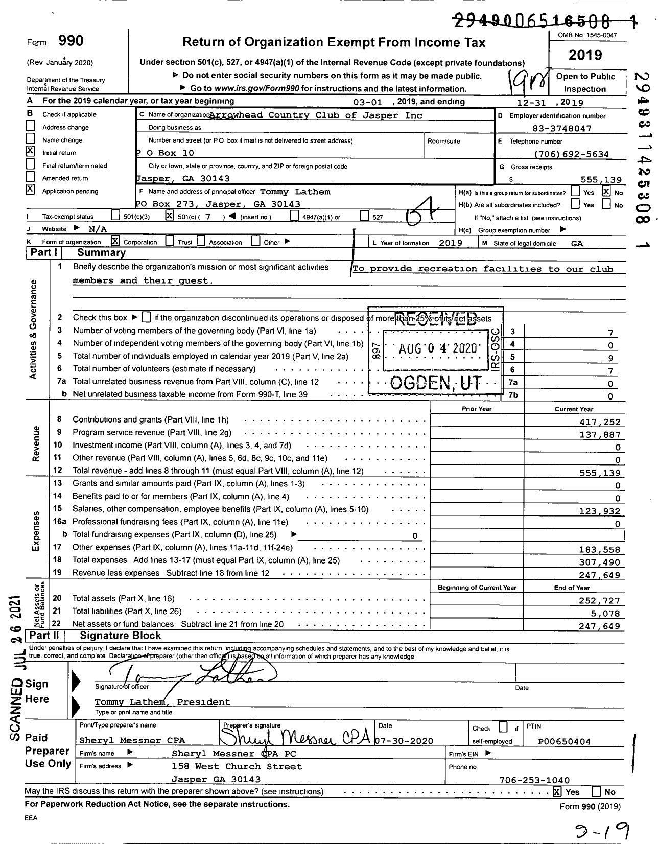 Image of first page of 2019 Form 990O for Arrowhead Country Club of Jasper