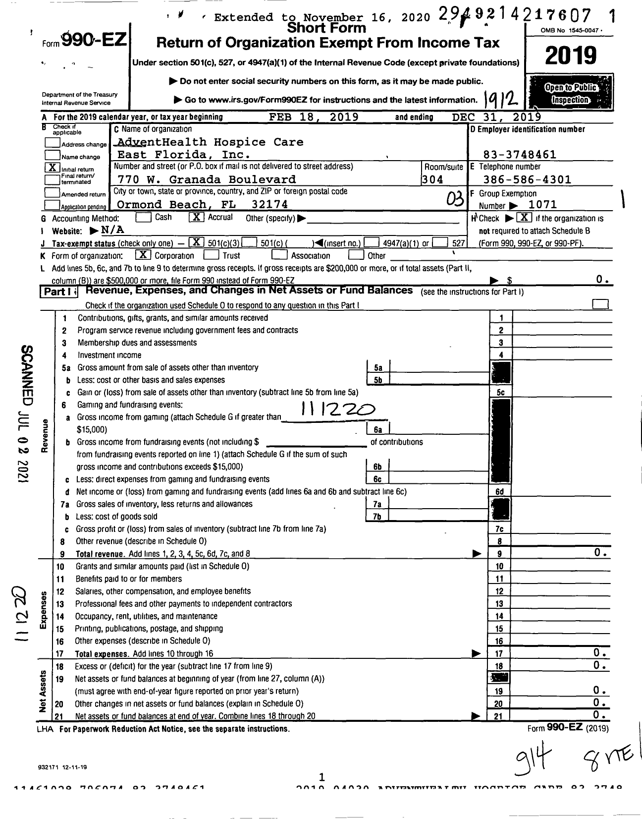 Image of first page of 2019 Form 990EZ for AdventHealth Hospice Care East Florida