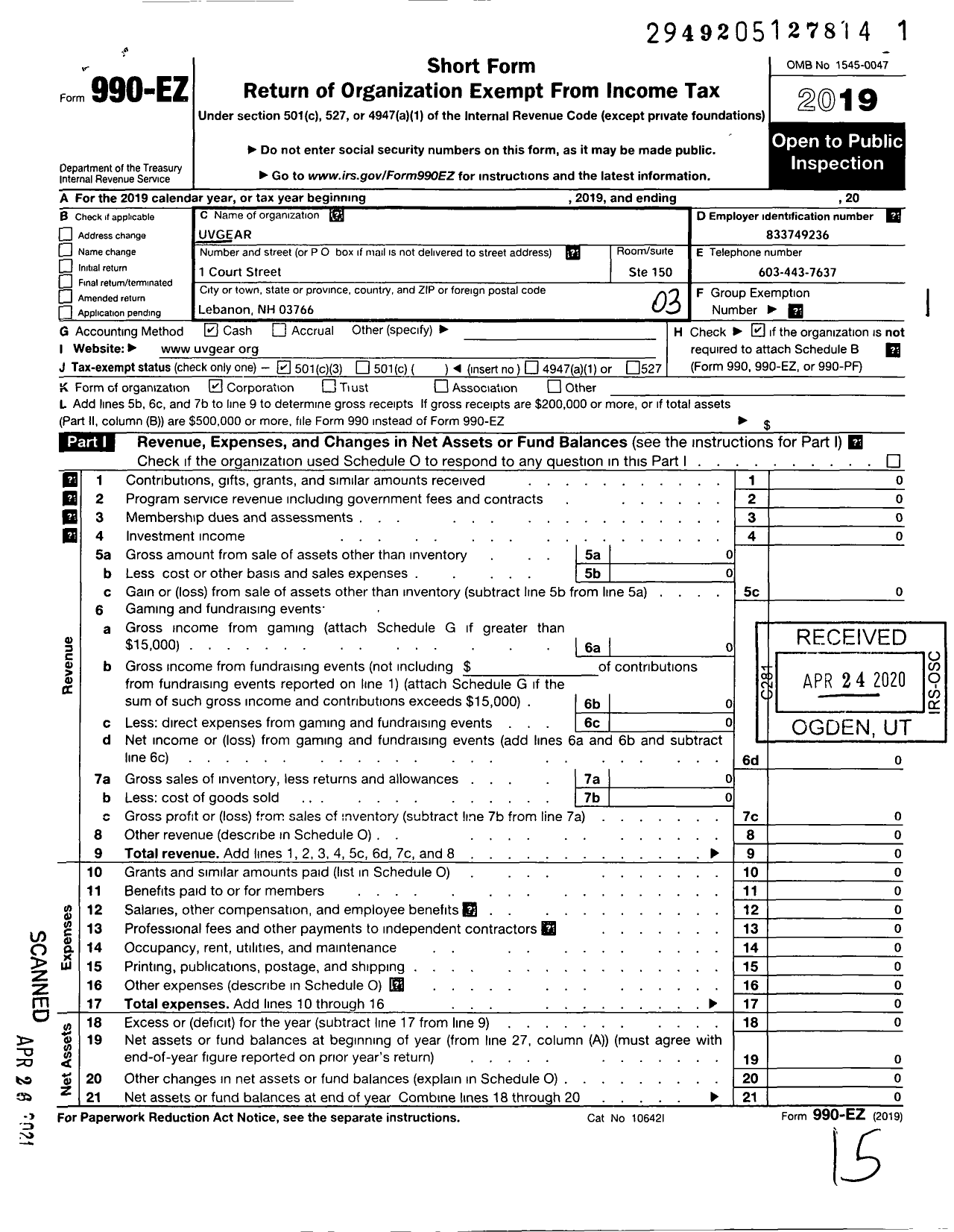 Image of first page of 2019 Form 990EZ for Uvgear