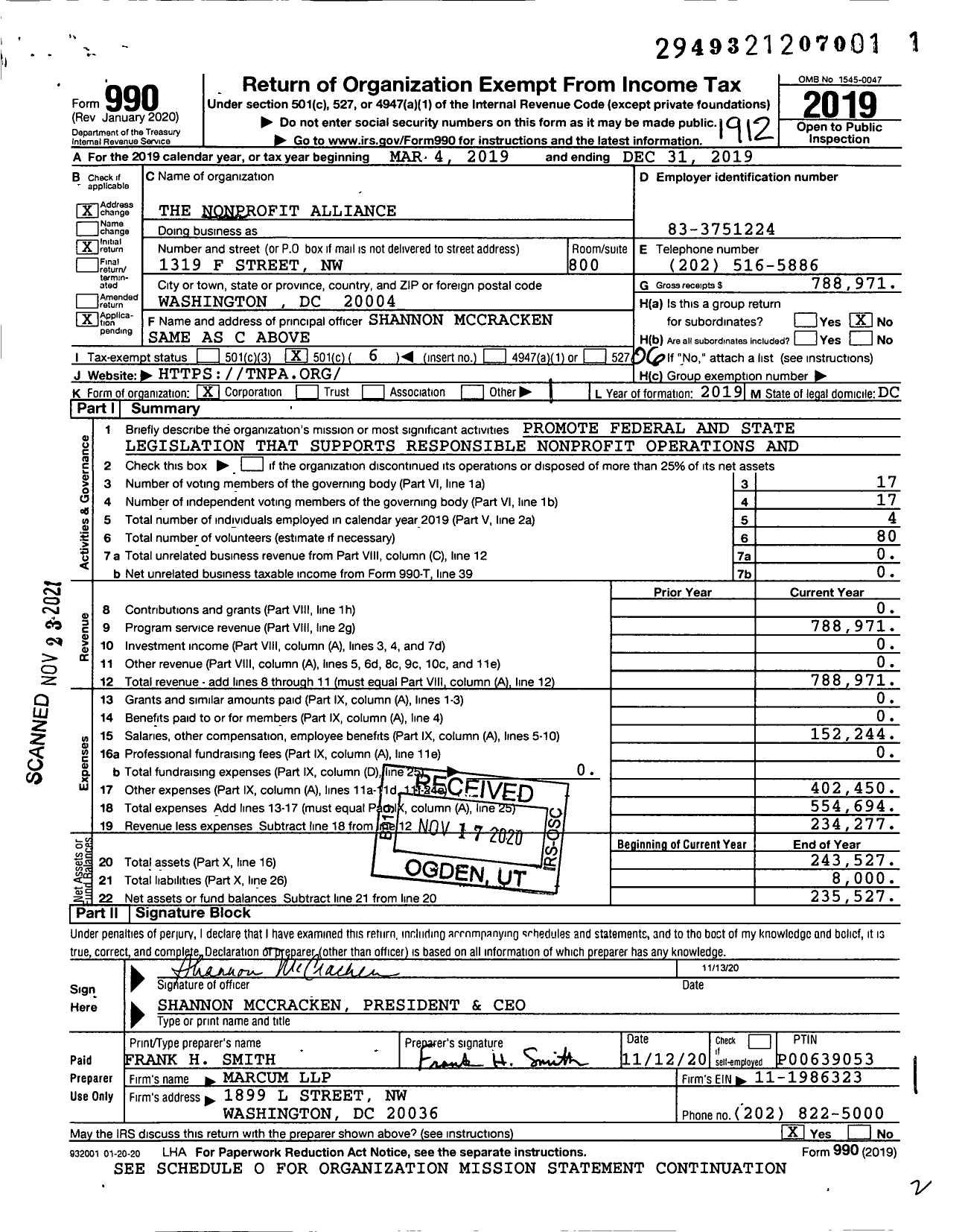 Image of first page of 2019 Form 990O for The Nonprofit Alliance