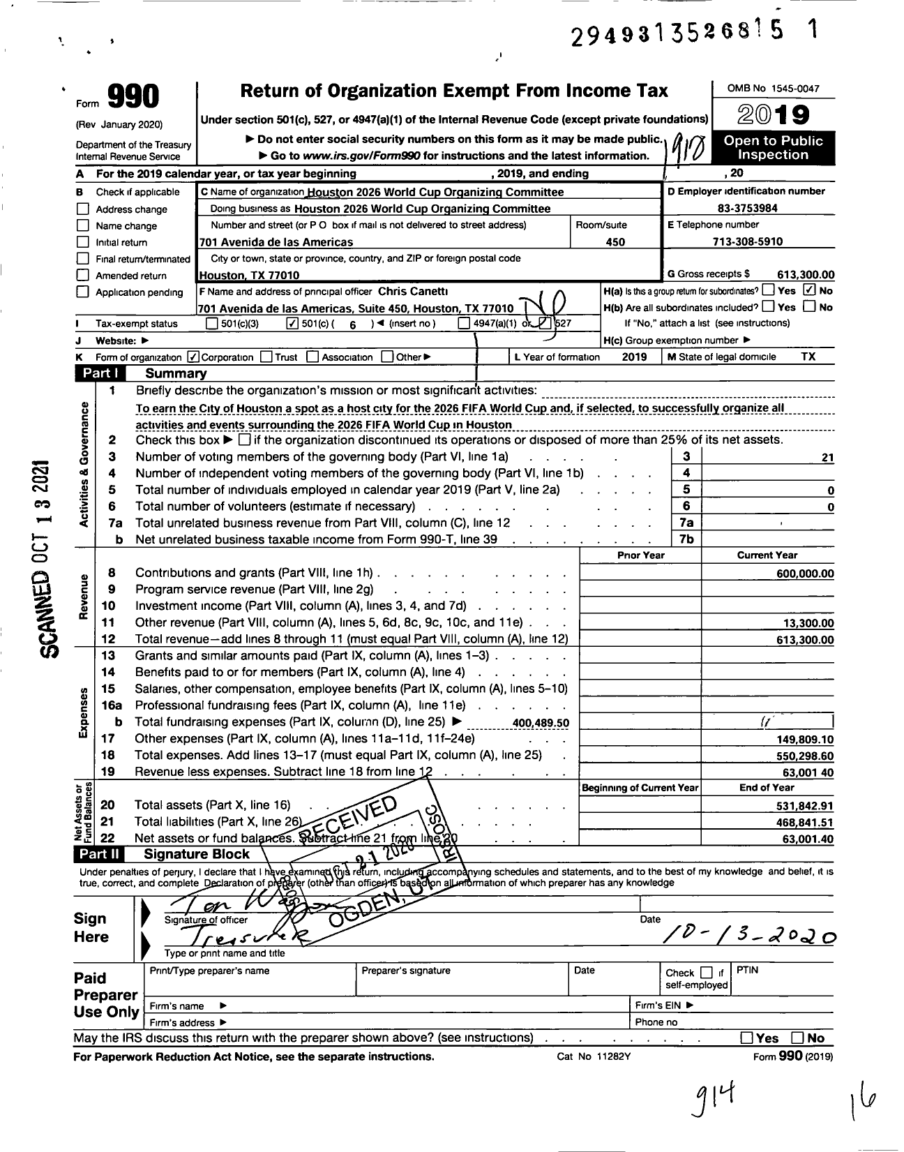 Image of first page of 2019 Form 990O for Houston 2026 World Cup Organizing Committee