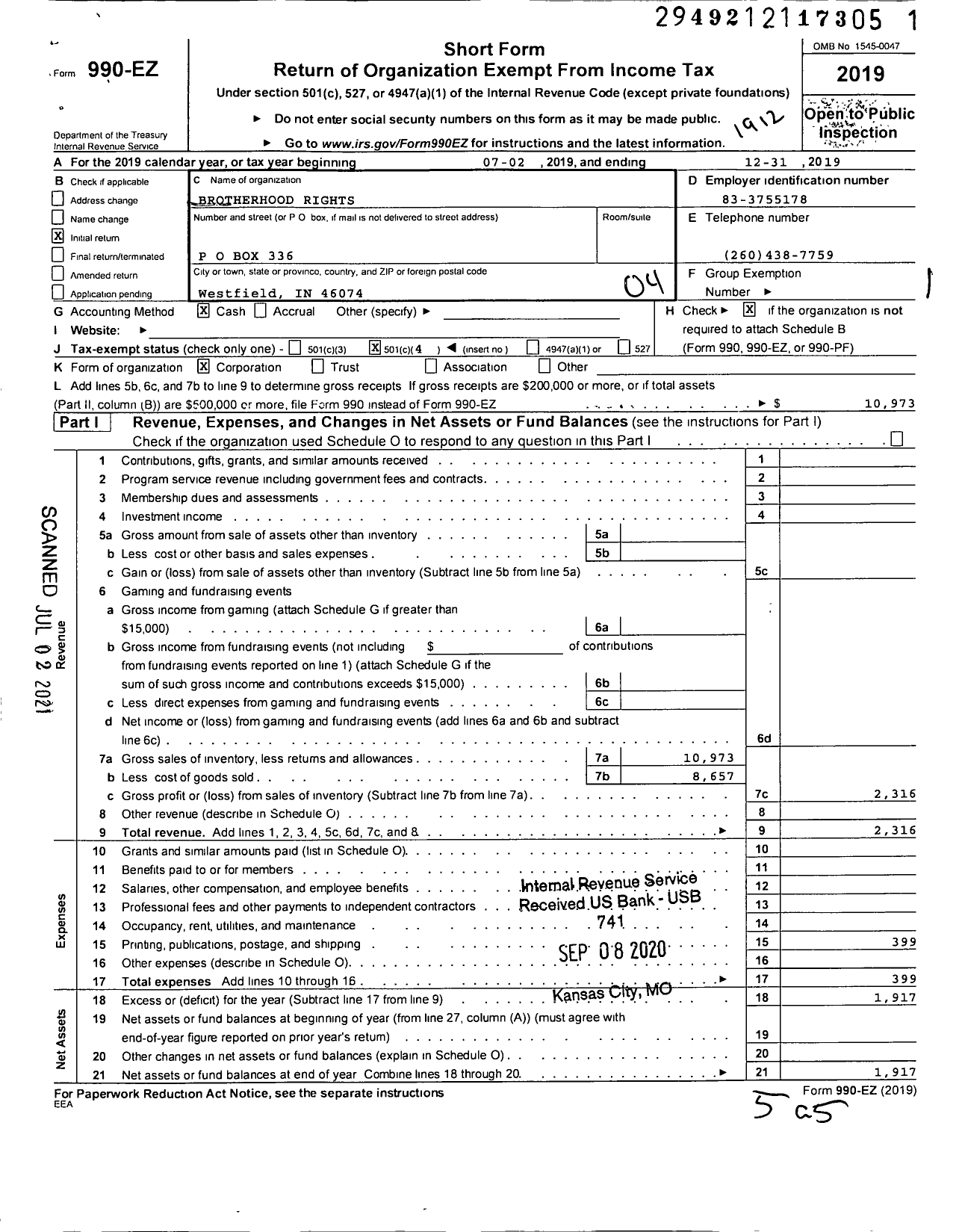 Image of first page of 2019 Form 990EO for Brotherhood Rights