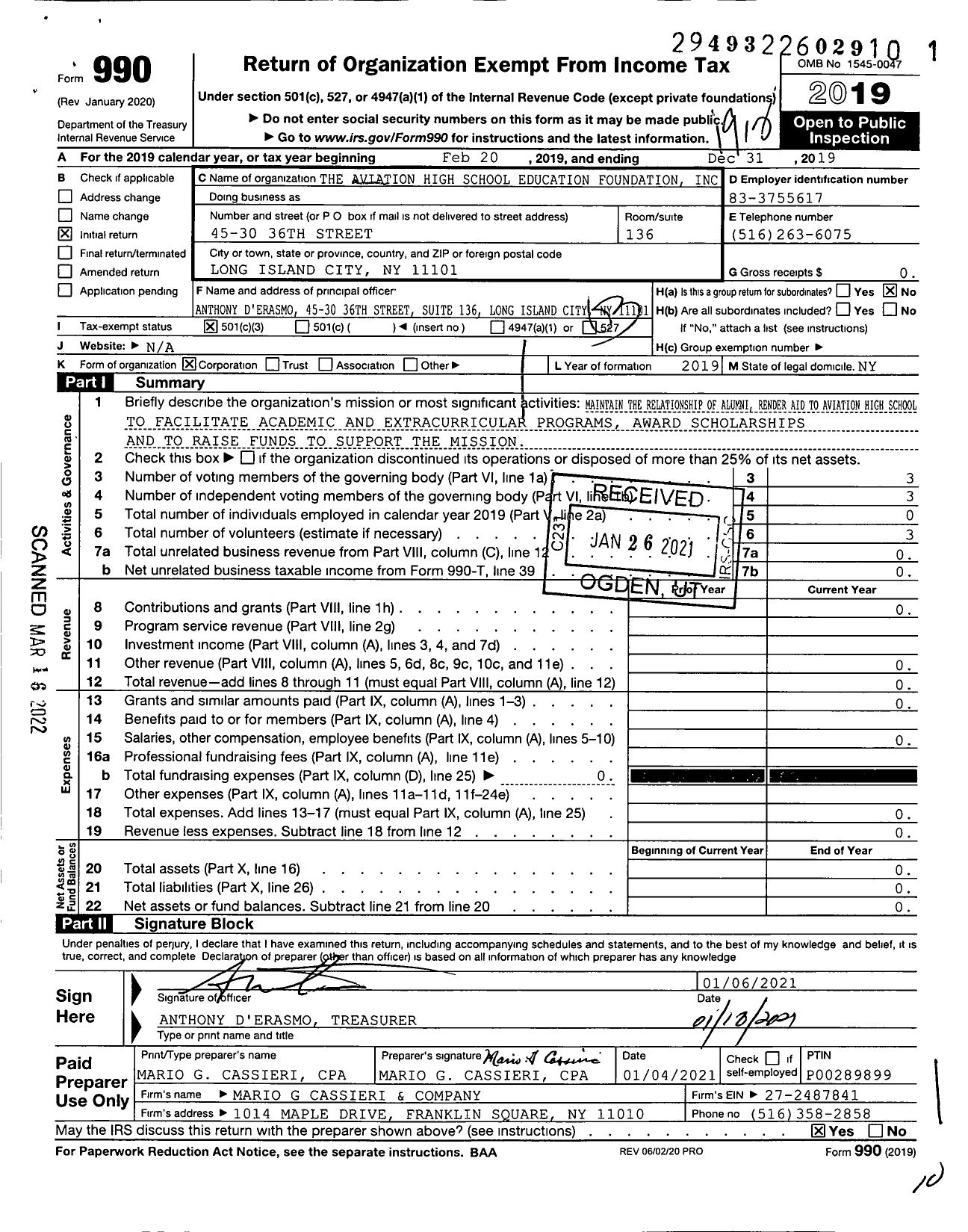 Image of first page of 2019 Form 990 for The Aviation High School Education Foundation