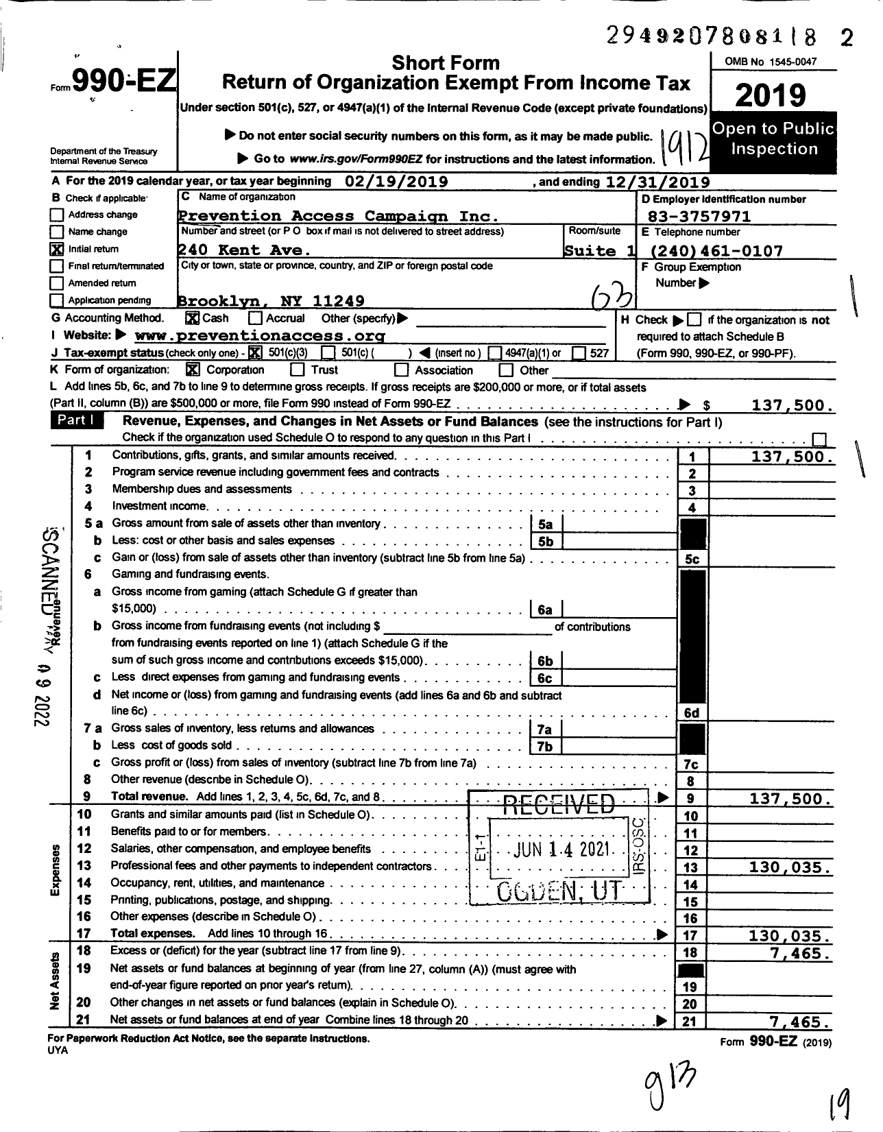 Image of first page of 2019 Form 990EZ for Prevention Access Campaign