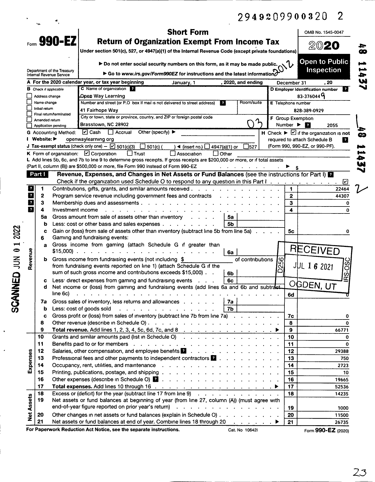 Image of first page of 2020 Form 990EZ for Open Way Learning