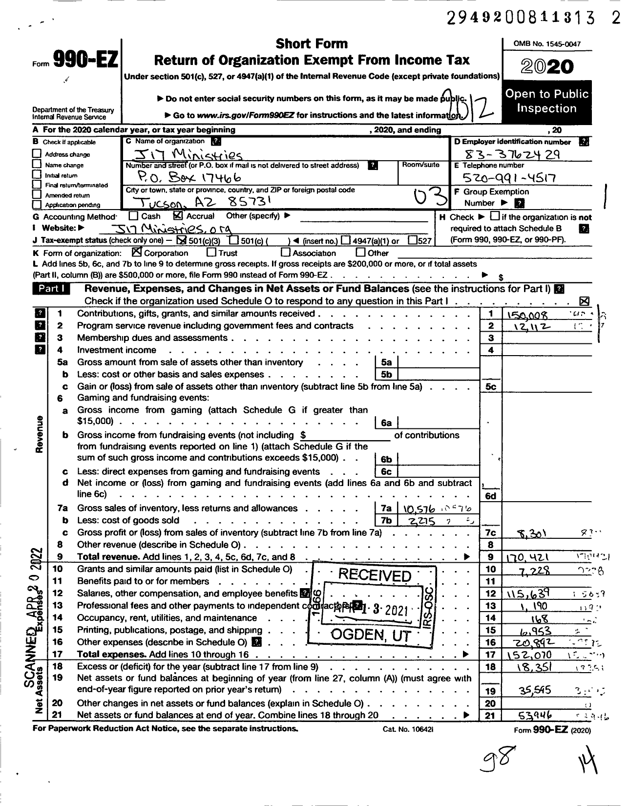 Image of first page of 2020 Form 990EZ for J17 Ministries