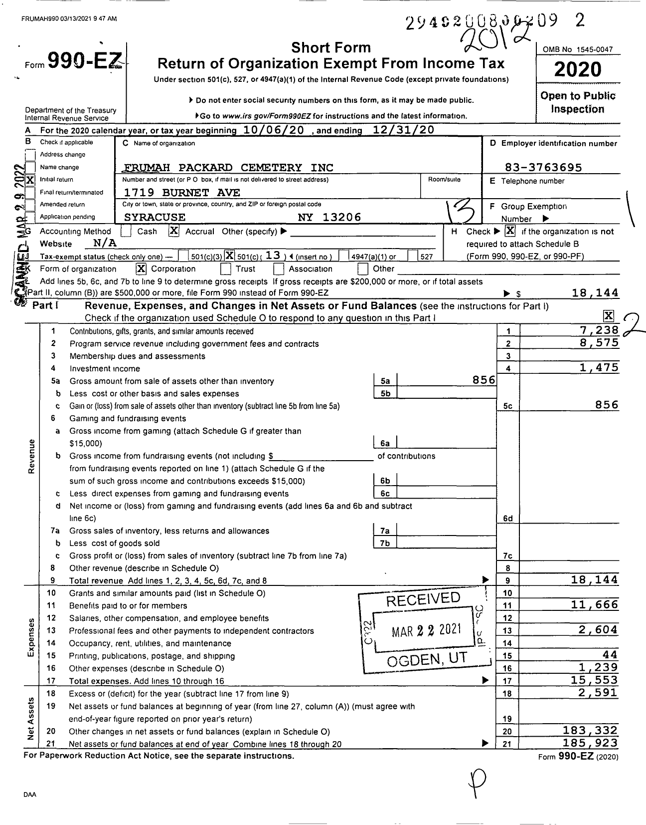 Image of first page of 2020 Form 990EO for Frumah Packard Cemetery