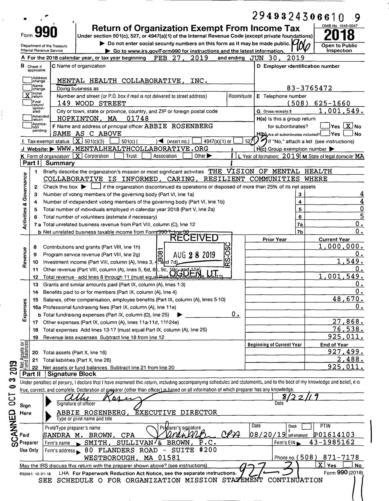 Image of first page of 2018 Form 990 for Mental Health Collaborative