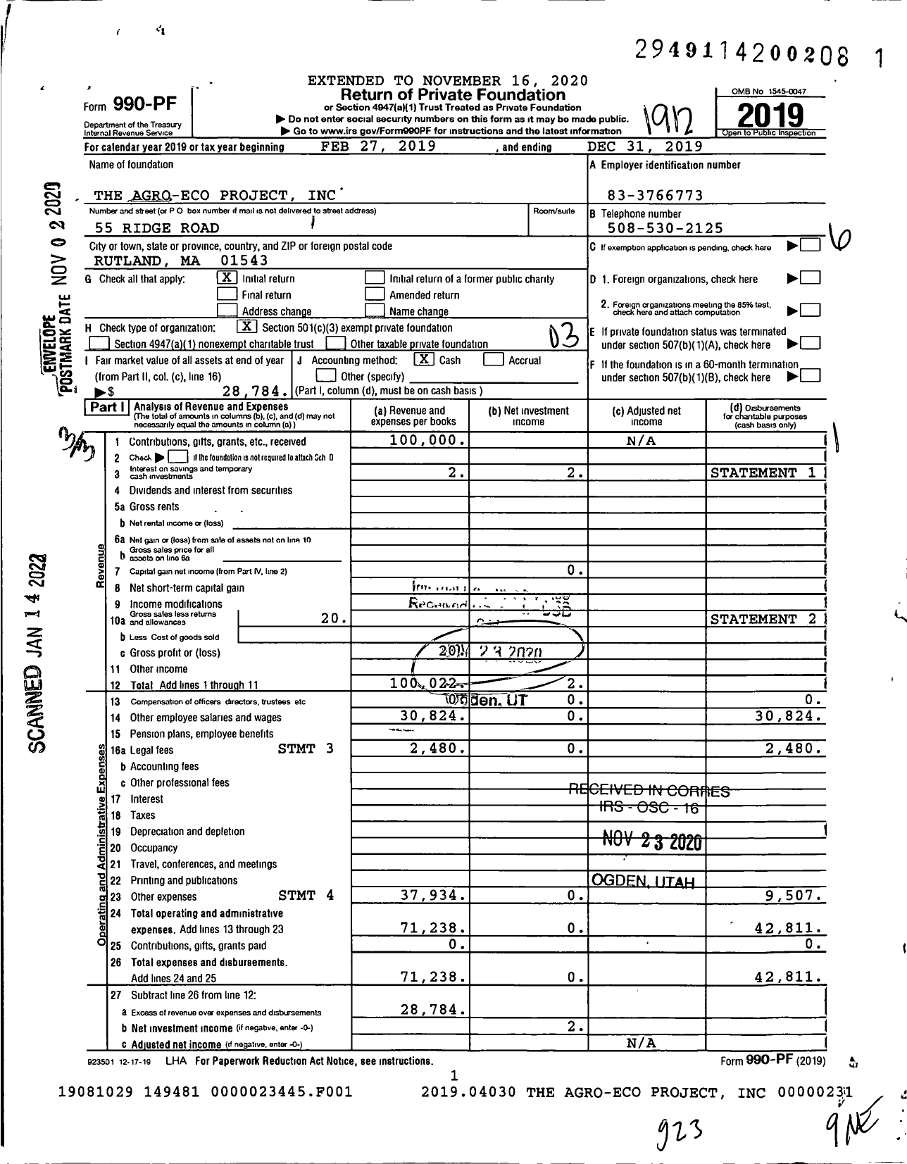 Image of first page of 2019 Form 990PF for The Agro-Eco Project